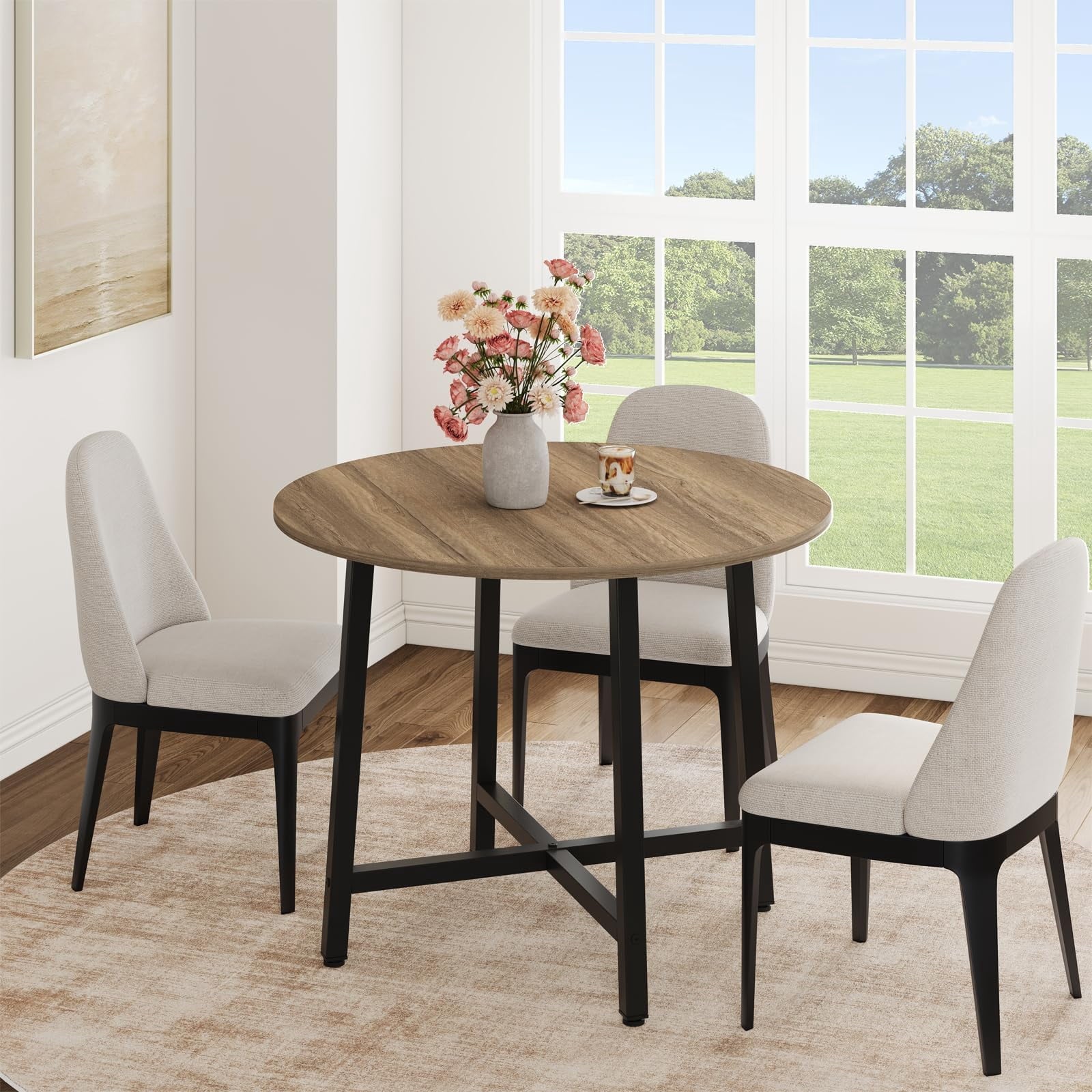 31.5 Round Dining Table for 4 People, Modern Wood Circle Kitchen Table with Sturdy Industrial Metal Frame, Small Space Saving Dining Room Table for Apartment & Breakfast Nook, (No Chairs), Walnut