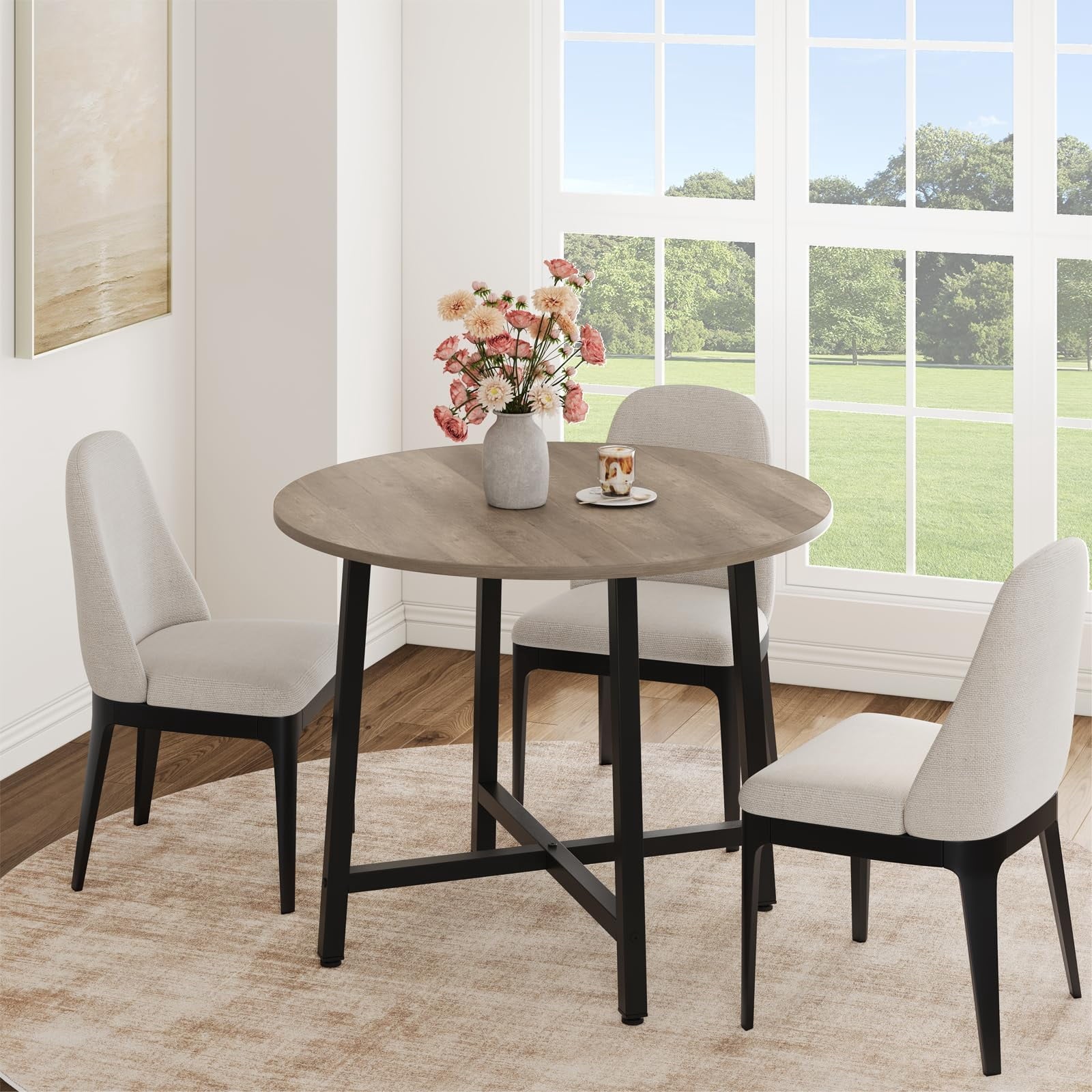 31.5 Round Dining Table for 4 People, Modern Wood Circle Kitchen Table with Sturdy Industrial Metal Frame, Small Space Saving Dining Room Table for Apartment & Breakfast Nook, (No Chairs), Walnut