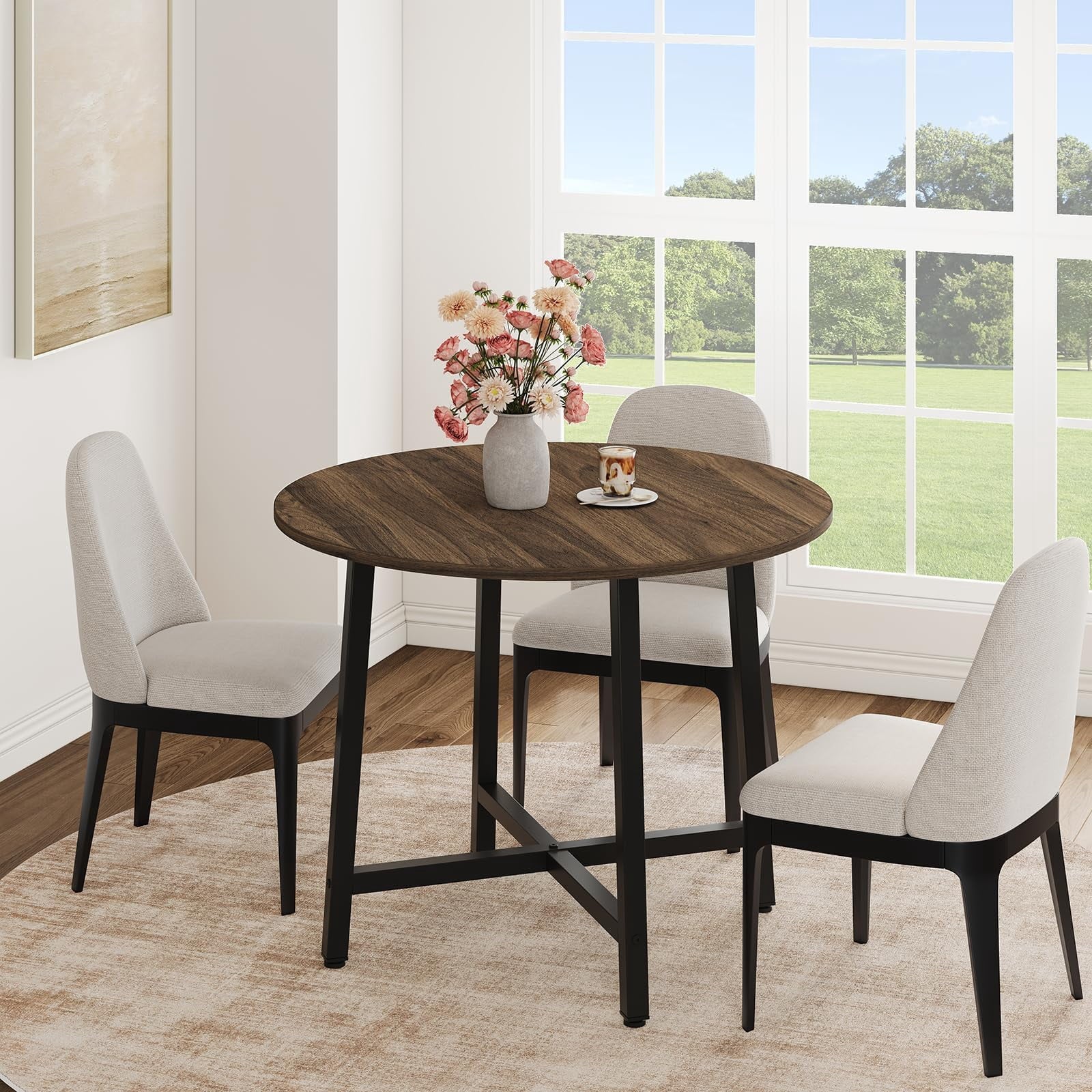 31.5 Round Dining Table for 4 People, Modern Wood Circle Kitchen Table with Sturdy Industrial Metal Frame, Small Space Saving Dining Room Table for Apartment & Breakfast Nook, (No Chairs), Walnut