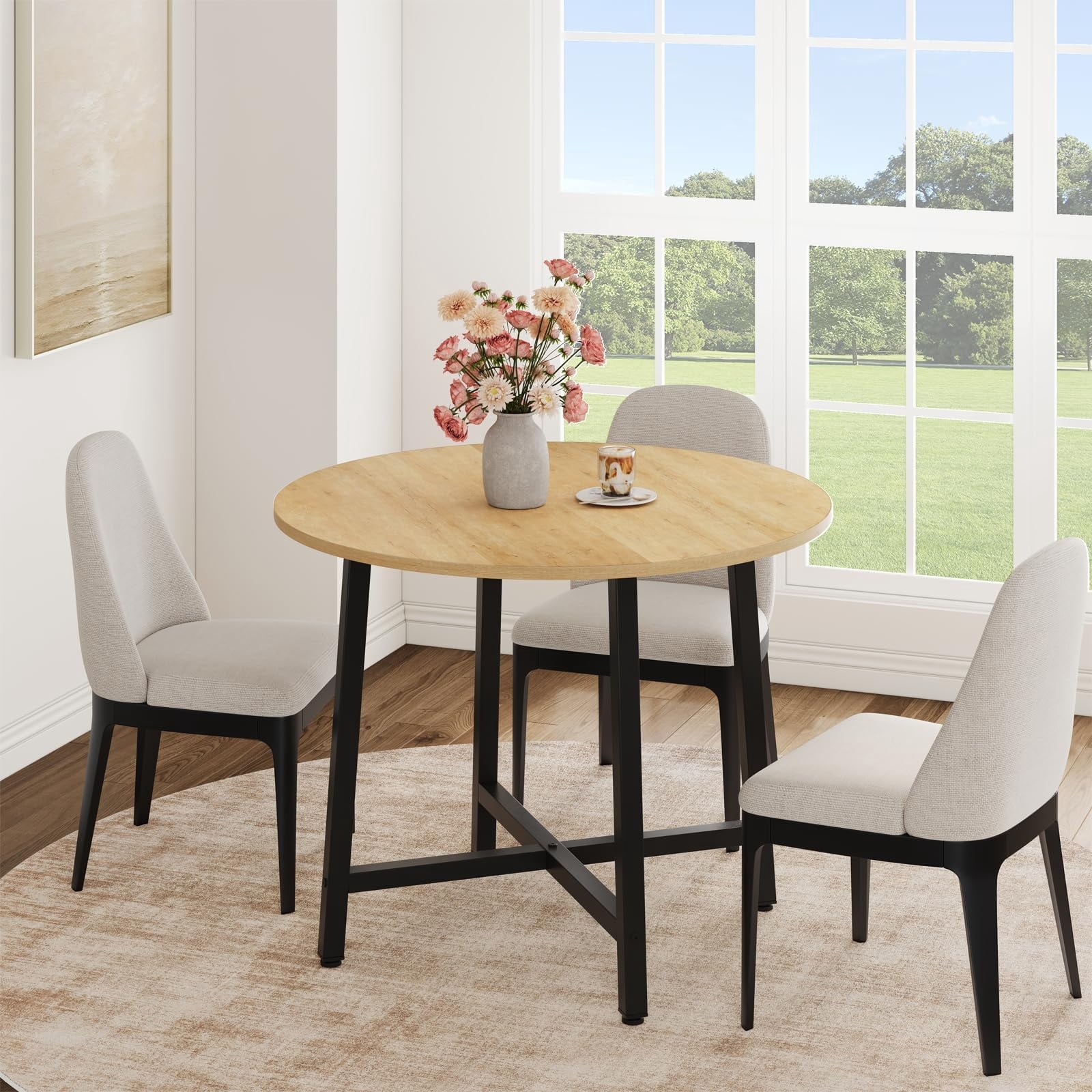 31.5 Round Dining Table for 4 People, Modern Wood Circle Kitchen Table with Sturdy Industrial Metal Frame, Small Space Saving Dining Room Table for Apartment & Breakfast Nook, (No Chairs), Walnut