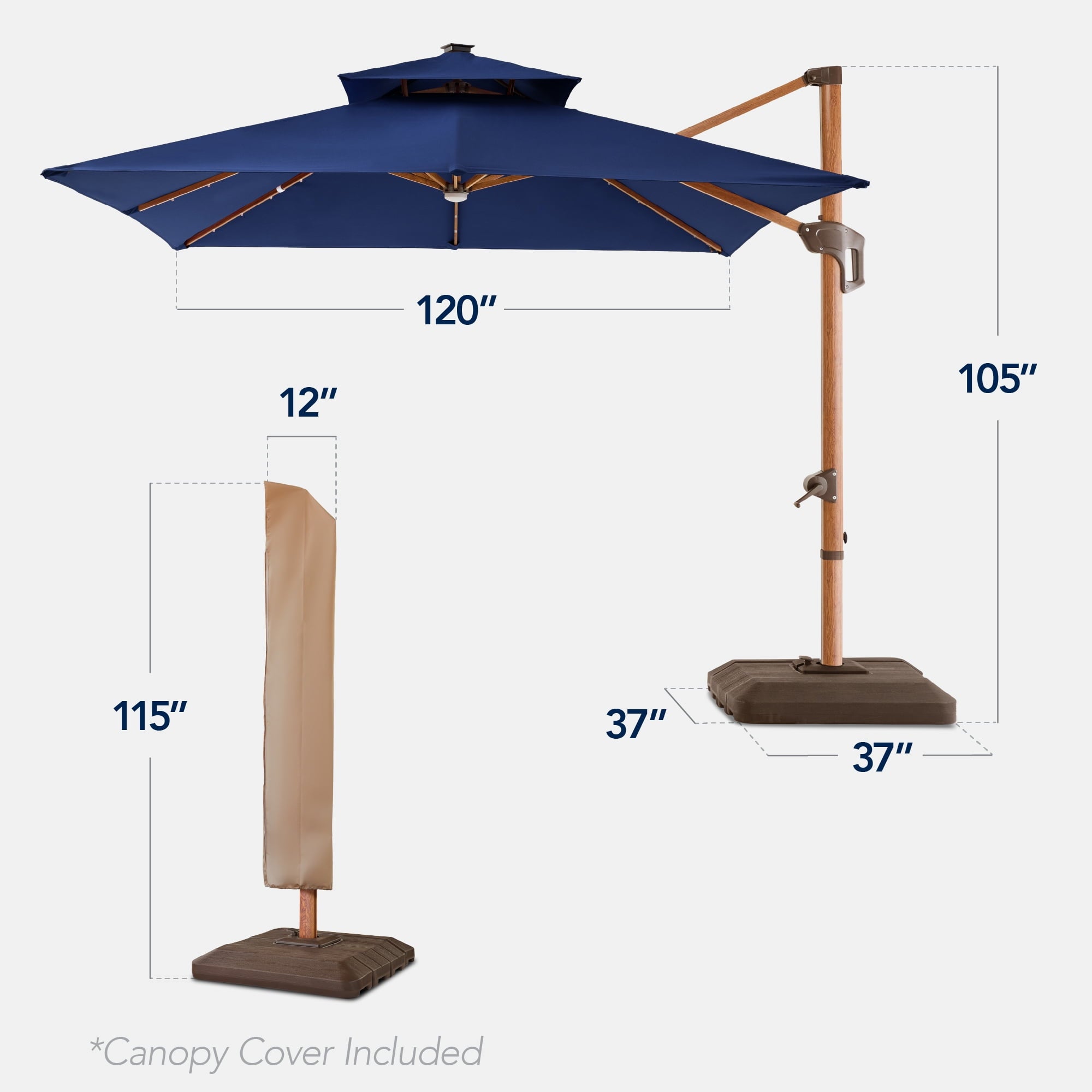 Best Choice Products 10ft Square Woodgrain Pattern 2-Tier Outdoor Solar LED Cantilever Umbrella w/ Base - Gray