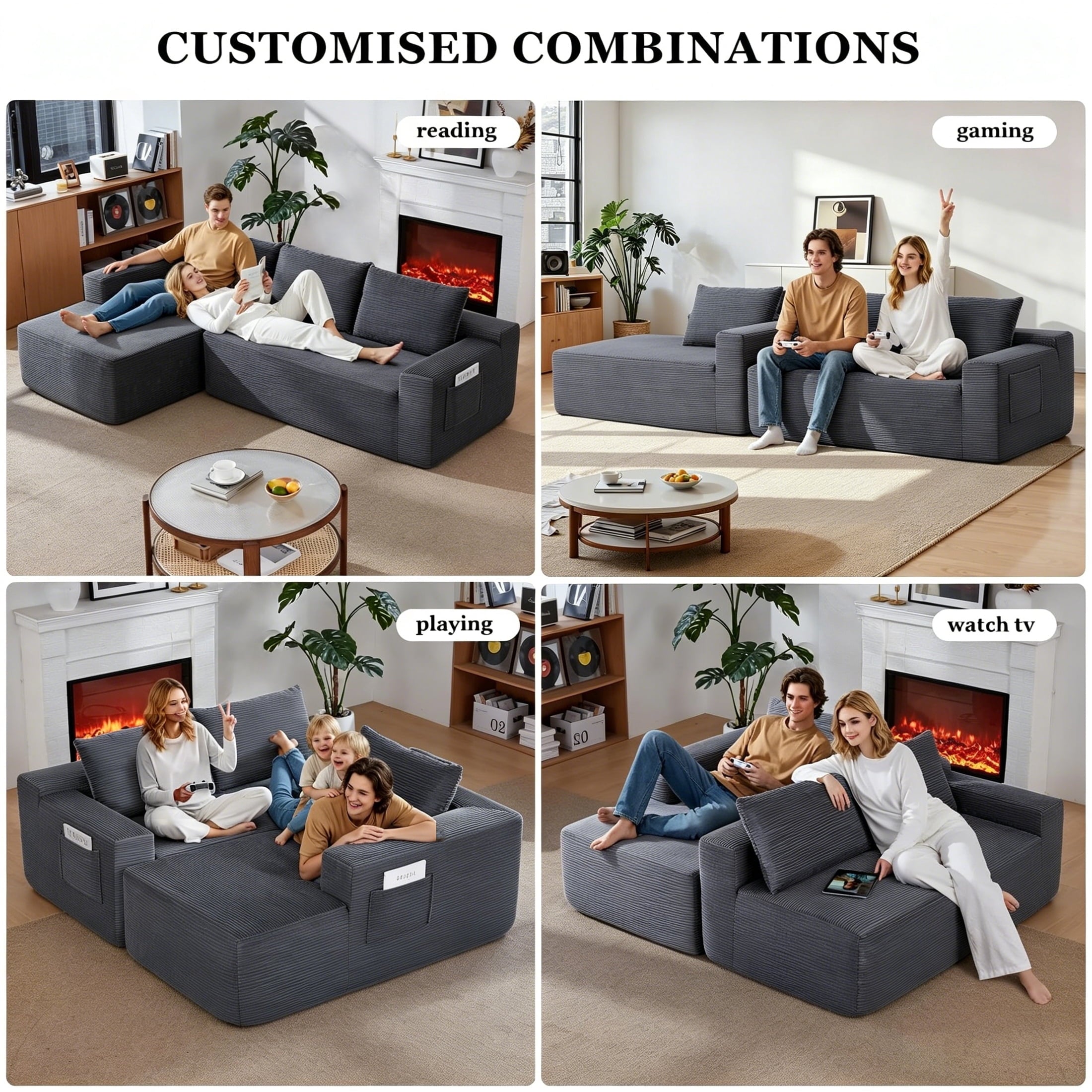 Aukfa 95 Cloud Sectional Sofa Deep Seat Boneless Couch Modular L-Shaped Couch, Left Chaise Corduroy Sofa for Living Room, Black