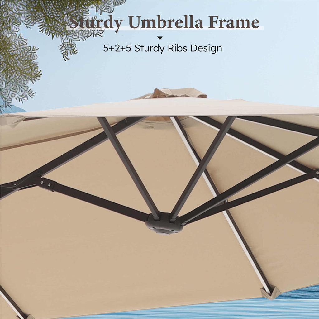 SUMMIT LIVING 13ft Large Patio Umbrella with Multi-Color LED Solar Lights Double-Sided Rectangular Outdoor Table Umbrella – Beige
