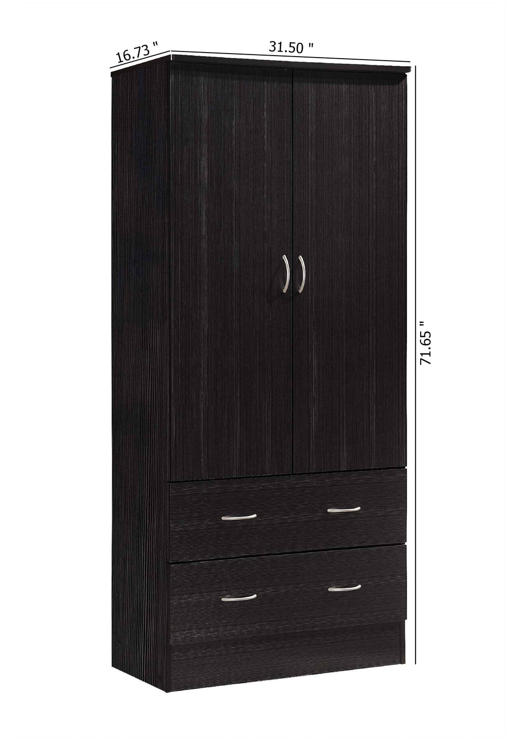 Hodedah 2-Door Armoire with 2-Drawers and Clothing Rod in Black