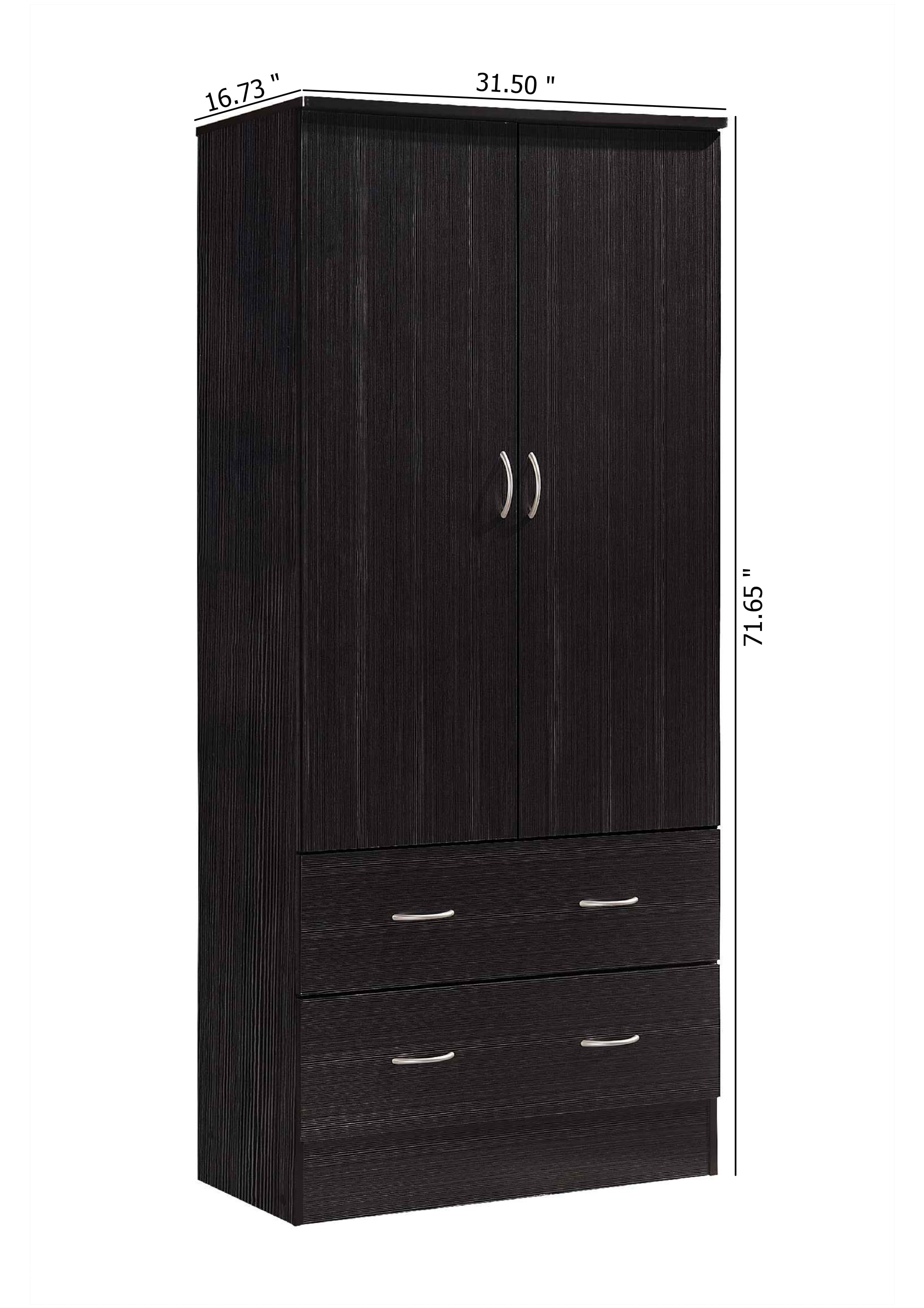 Hodedah 2-Door Armoire with 2-Drawers and Clothing Rod in Black