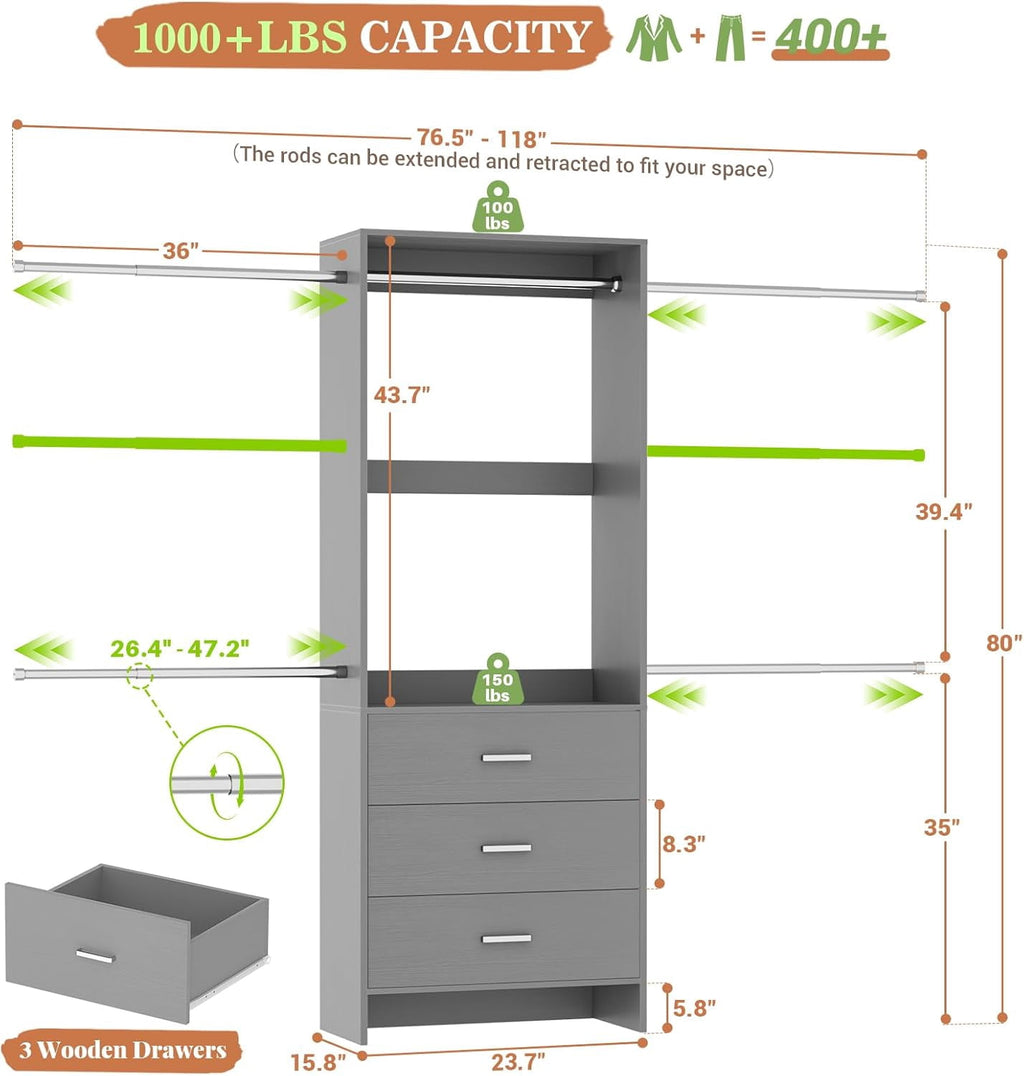 Homieasy Closet System, Closet Organizer with 3 Wooden Drawers, Walk-in Closet Wardrobe Clothes Rack with 4 Hanging Rods, Garment Rack, White