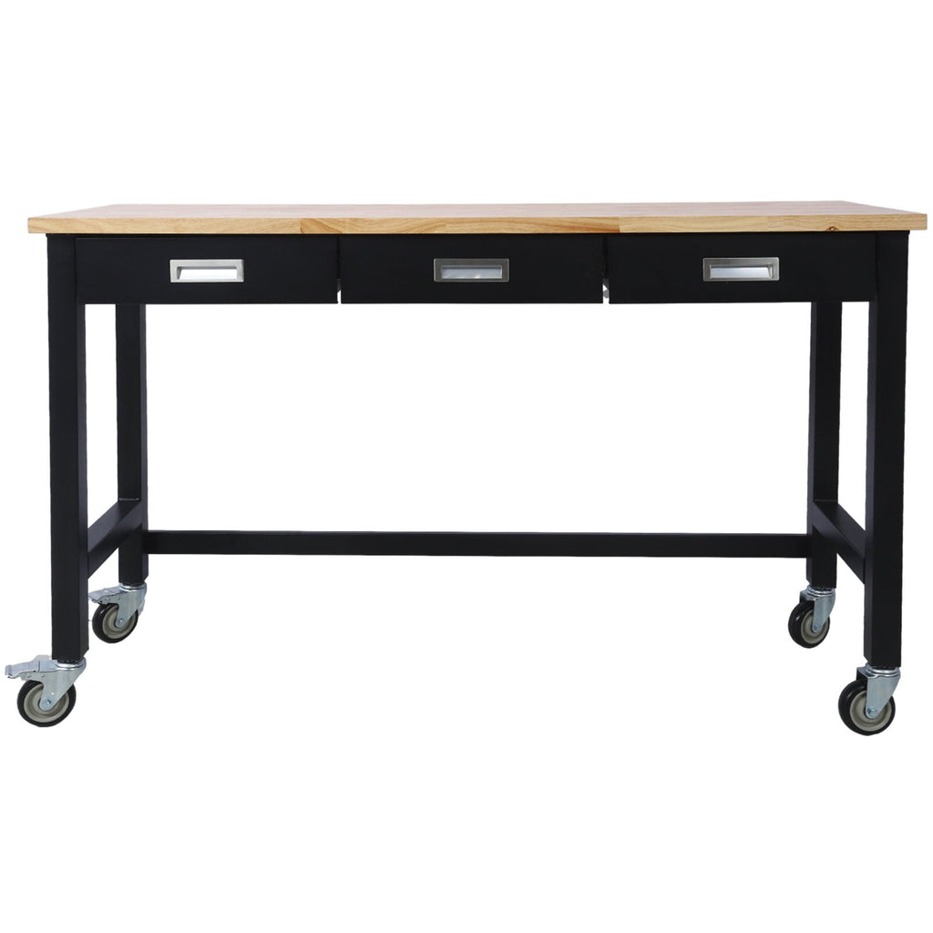 Office Desks 60in Work Bench, Workbench with Drawer Storage, Heavy Duty Bamboo Wood Work Table with Wheels for Garage Home Office,Wooden Office Desks