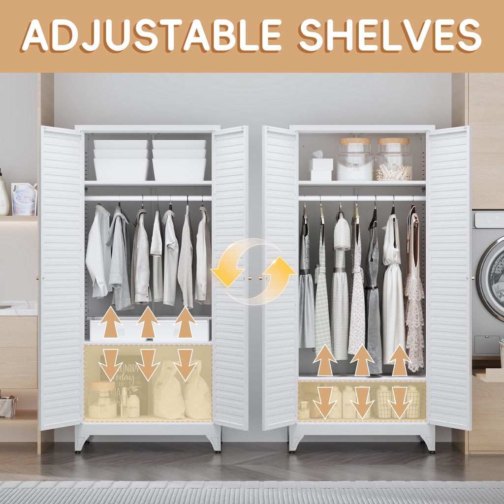 Polup 71 H Modern Metal Sturdy Armoire Cabinet with Shelves and Hanging Rod, Adult Bedroom Wardrobe Closet with Doors