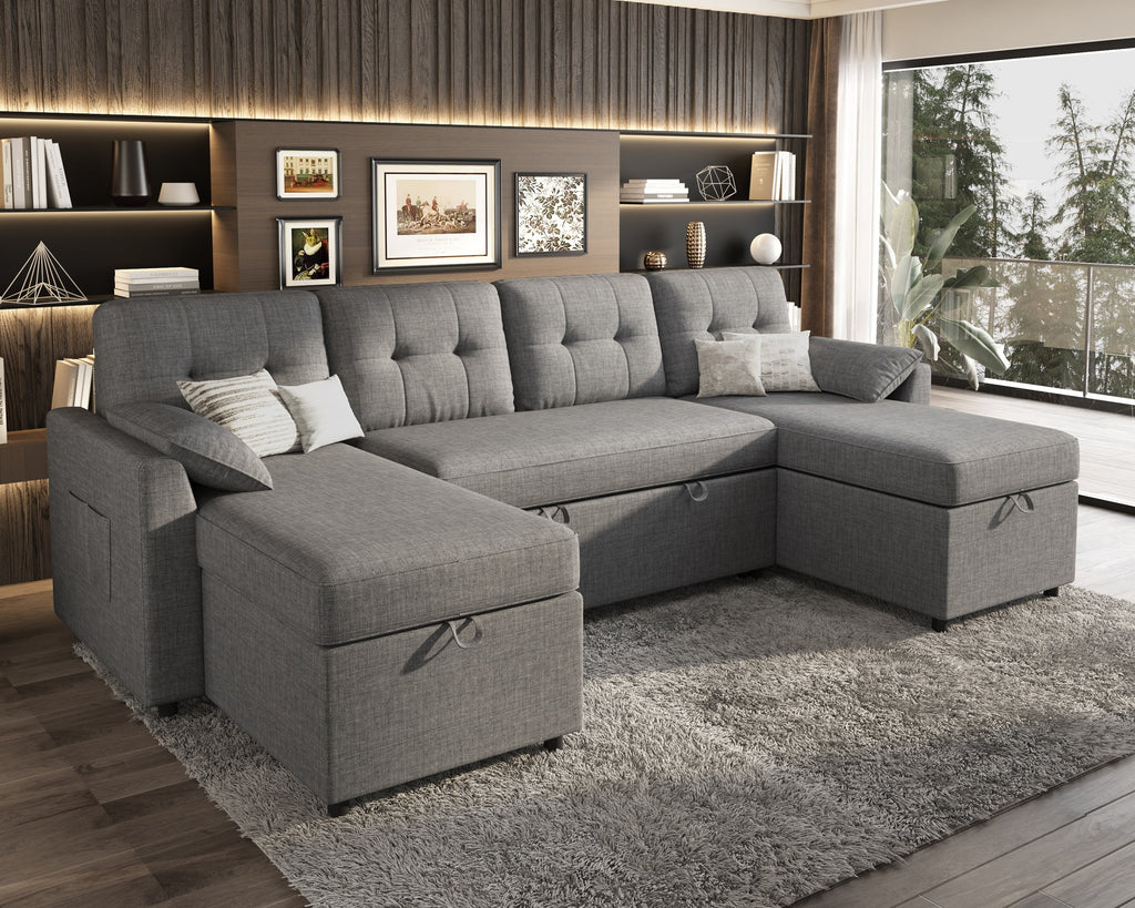 VANACC Sectional Sofa Bed with Storage and Soft Seat ,Reversible Pull Out Couch for Living Room,Gray