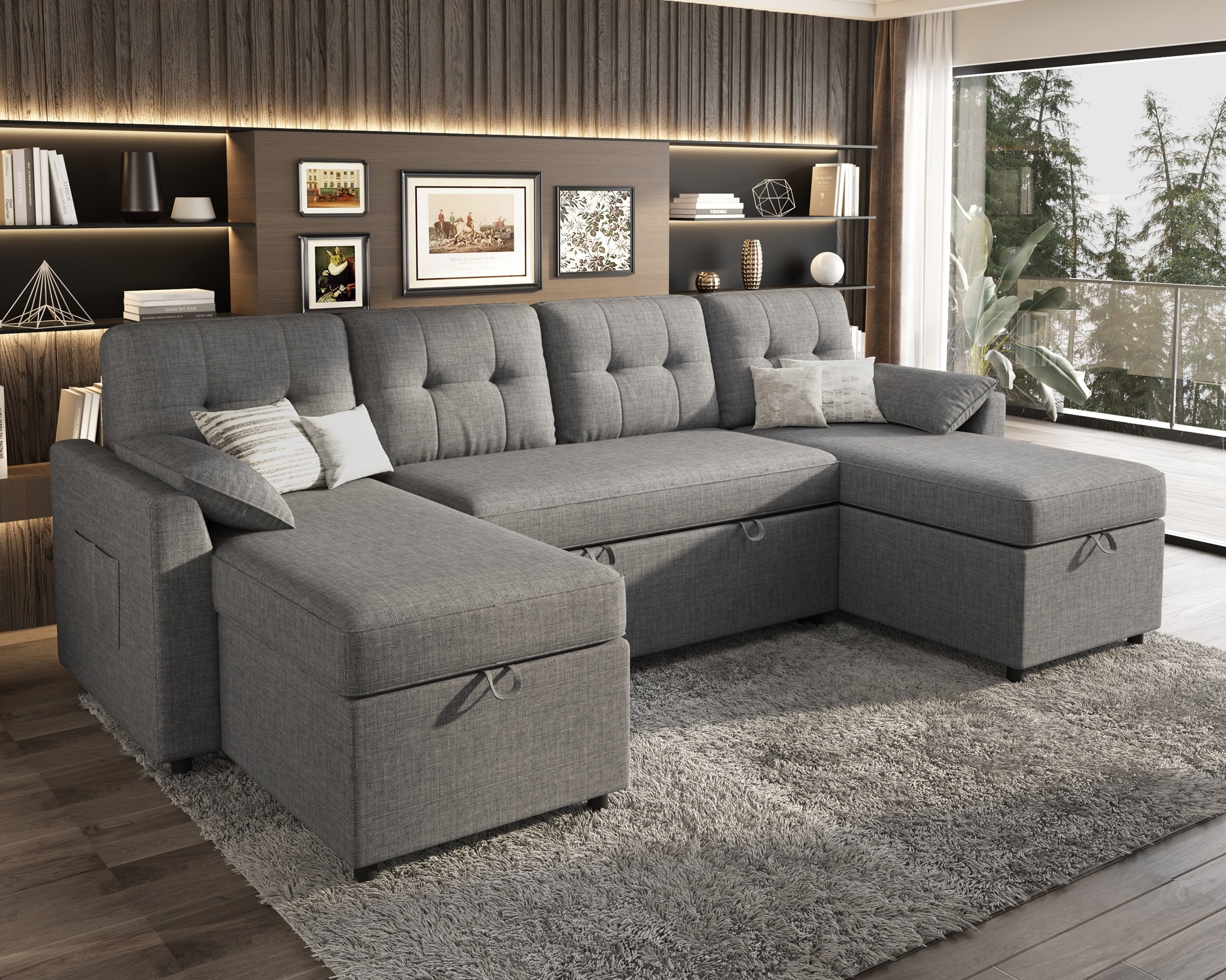 VANACC Sectional Sofa Bed with Storage and Soft Seat ,Reversible Pull Out Couch for Living Room,Gray