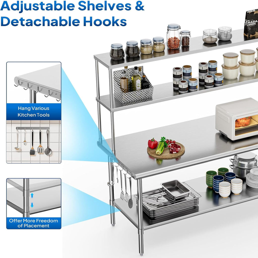 Ktaxon 72 x 30 Stainless Steel Workbench with Overshelves, NSF Commercial Heavy Duty Work Table with Adjustable Undershelf & Detachable Hooks