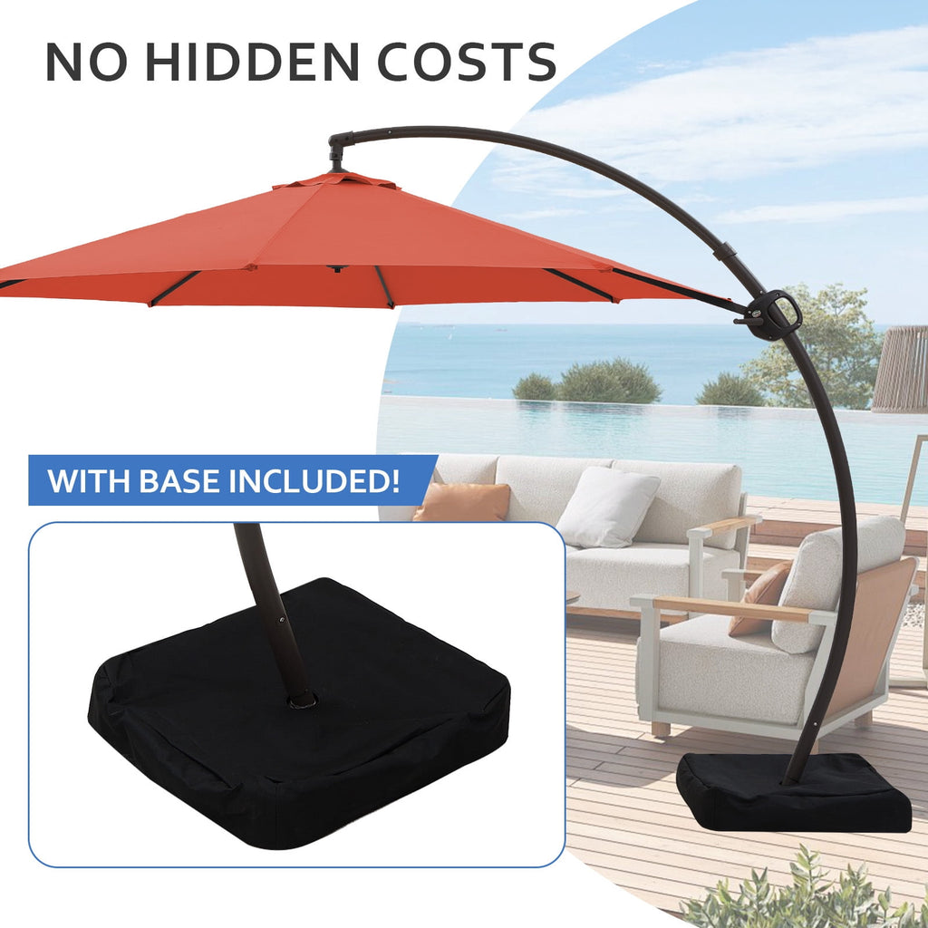 FUNDAZE 11ft Market Patio Umbrella with Base, Curved Cantilever Hanging Sun Shade with Crank & Tilt for Garden, Deck, Poolside,Beige