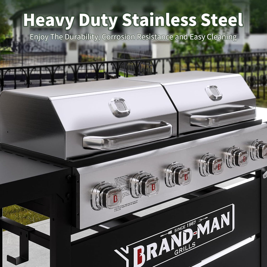 Brand Man Propane 6-Burner Combo Gas Grill with Flat Top Griddle, Heavy Duty 2-in-1 BBQ with Stainless Steel Lids for Outdoor Barbecue