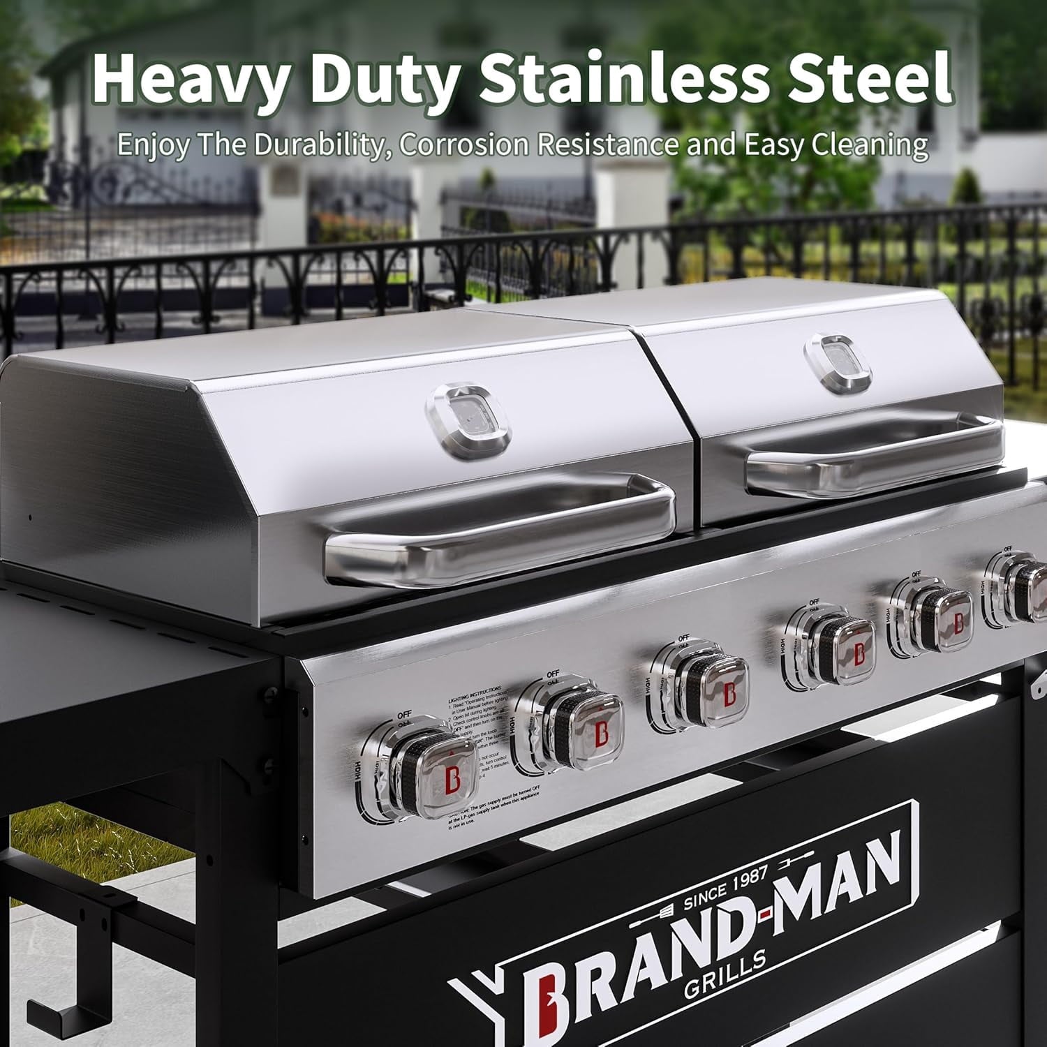 Brand Man Propane 6-Burner Combo Gas Grill with Flat Top Griddle, Heavy Duty 2-in-1 BBQ with Stainless Steel Lids for Outdoor Barbecue