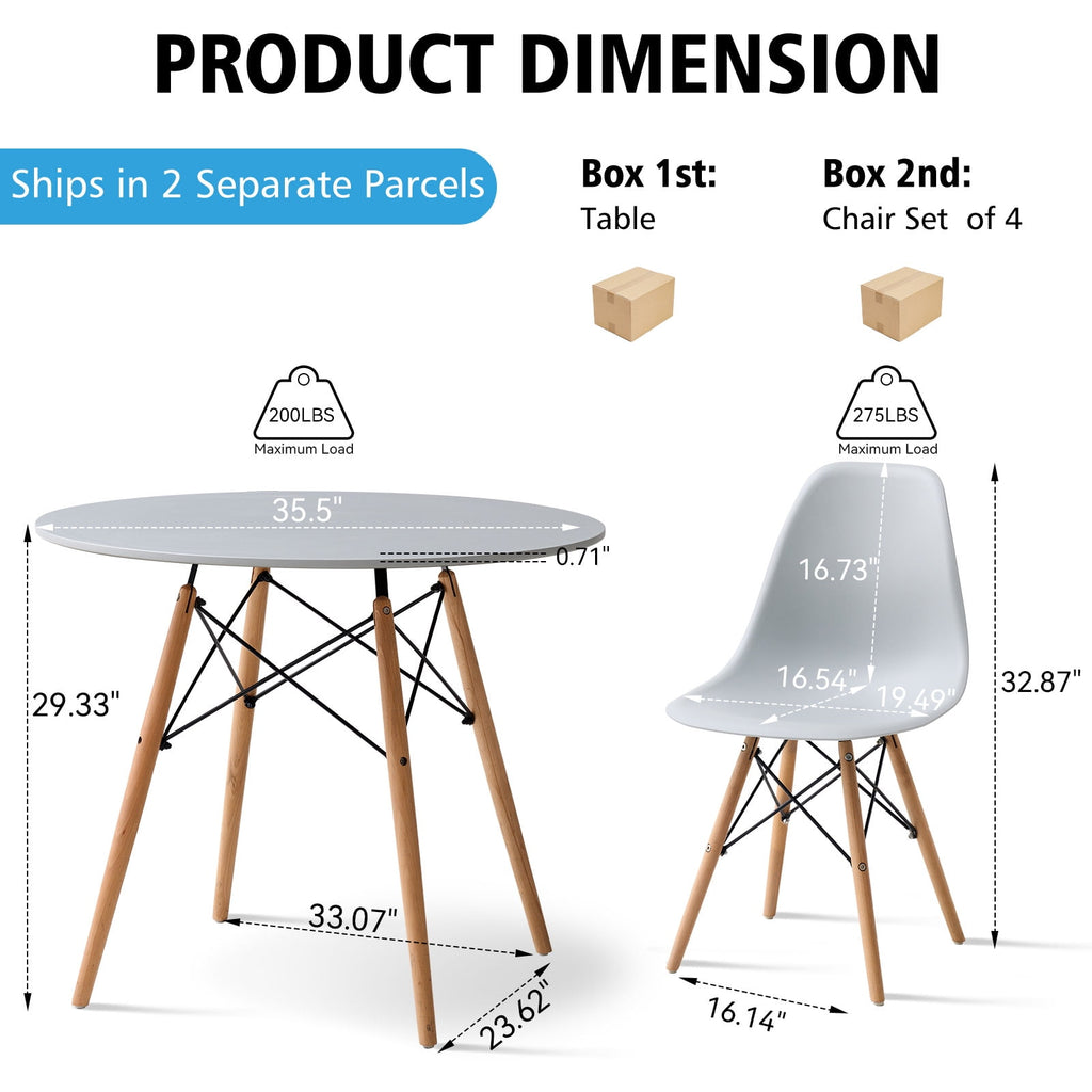 5-Piece 35.5'' Round Dining Table Set for 4, Kitchen Table Chair Set of 4, Mid-Century Modern Dinette Dining Room Table Set Dinner Table for 4 W/Solid Wood Legs, White