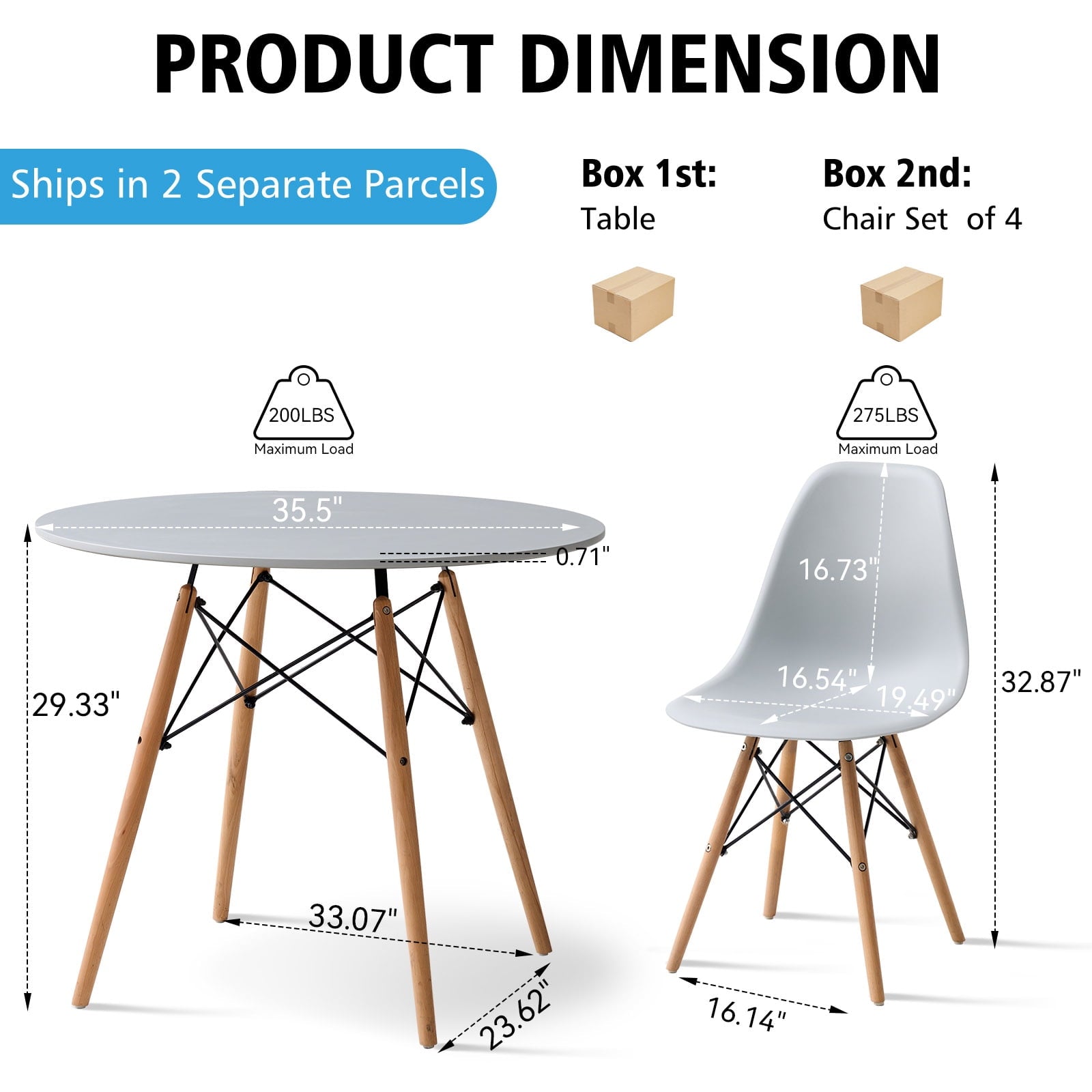 5-Piece 35.5'' Round Dining Table Set for 4, Kitchen Table Chair Set of 4, Mid-Century Modern Dinette Dining Room Table Set Dinner Table for 4 W/Solid Wood Legs, White