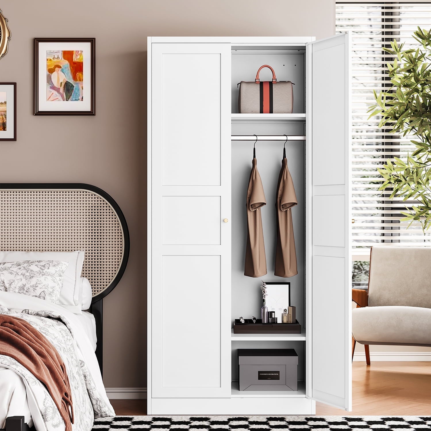 STANI Metal Wardrobe Closet with Hanging Rod, 72 White Armoire Wardrobe Cabinet with Adjustable Shelves, Clothes Storage Organizer Cabinets for Bedroom, Bathroom, Office