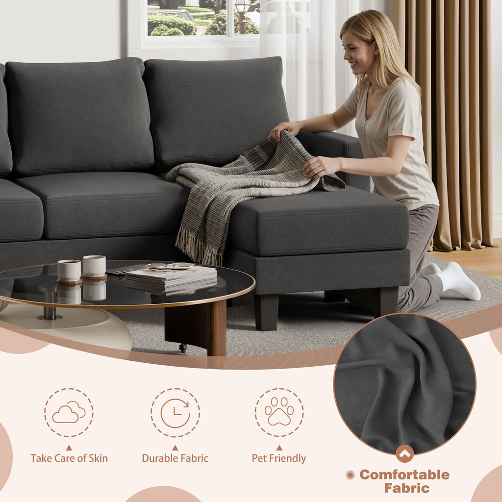 Vineego 72 L-Shaped Sectional Sofa with Ottoman Ergonomic Support Sofa Couch for Small Spaces Living Room, Apartment,Dark Gray