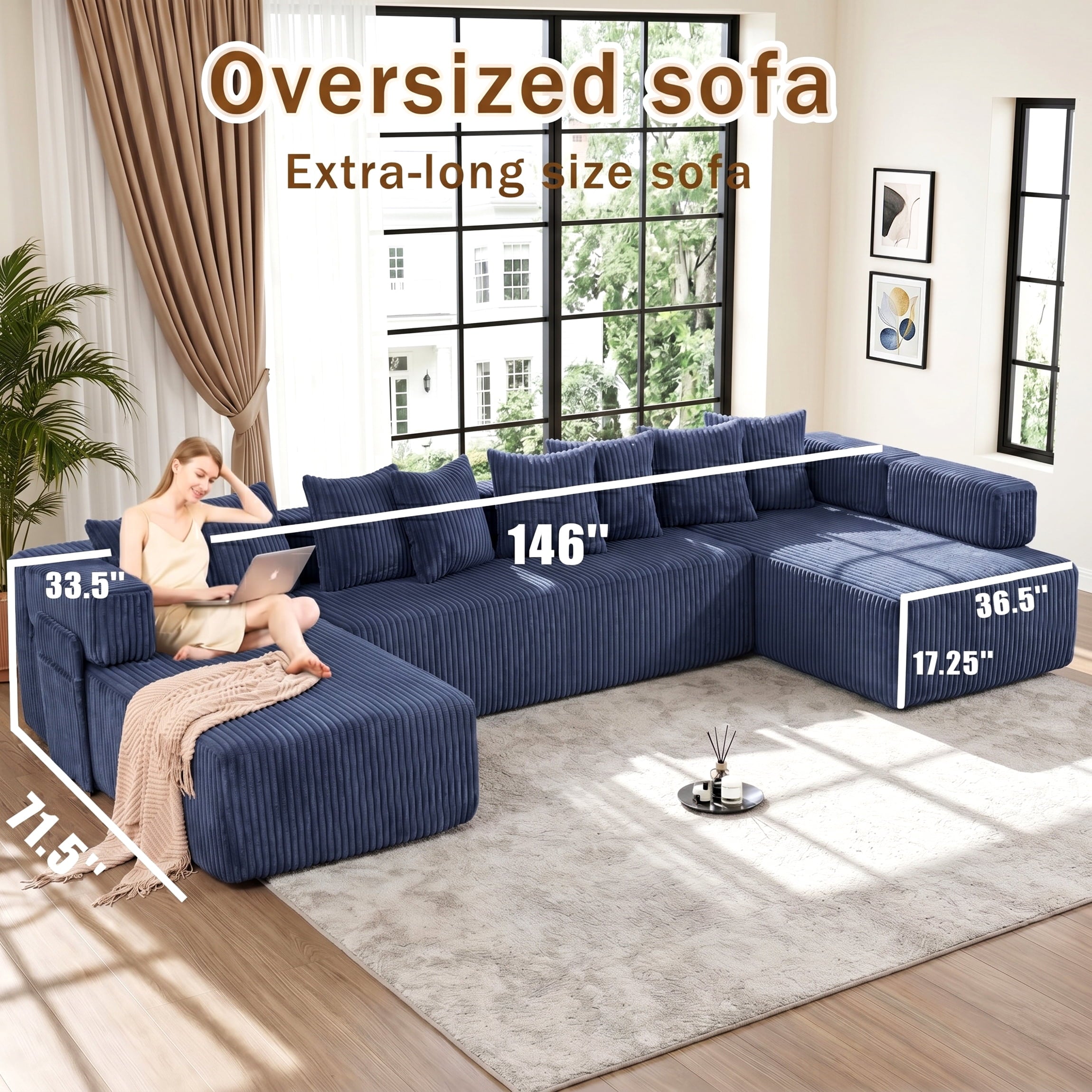 SOULART 138.5 U Shaped Sectional Couch,Gray Cloud Boneless Sofa For Living Room,Plush Corduroy Couches With Deep Seat Chaise Lounge,No Assembly Required