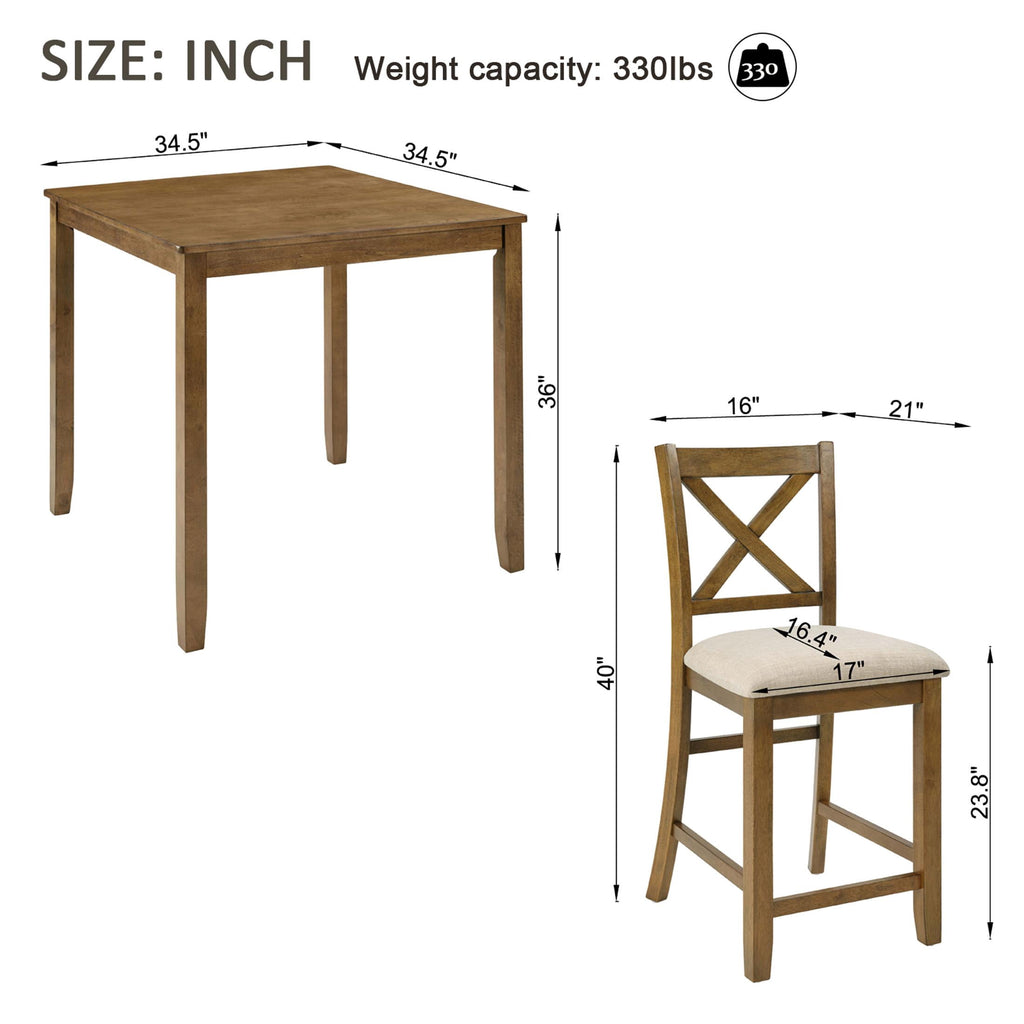 SESSLIFE Dining Table Set for 4, Counter Height Kitchen Table Set with Square Table and 4 Upholstered Chairs, Solid Wood Dining Room Set for 4, Space-Saving, Black & Oak