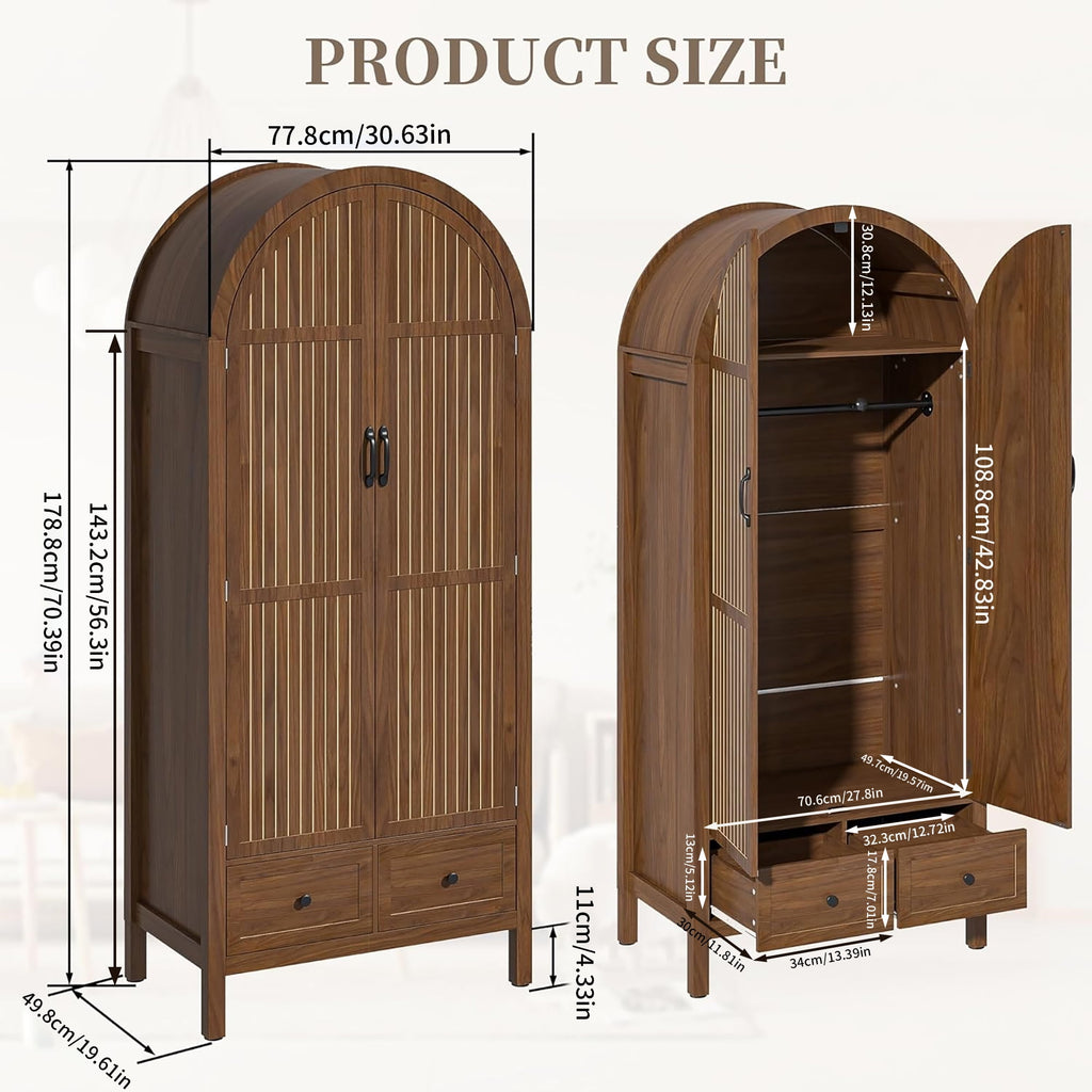 Oubayajia Arched Armoire Wardrobe Closet with Fluted Doors, Wooden Wardrobe Closet with Drawers, Shelves and Hanging Rod for Bedroom