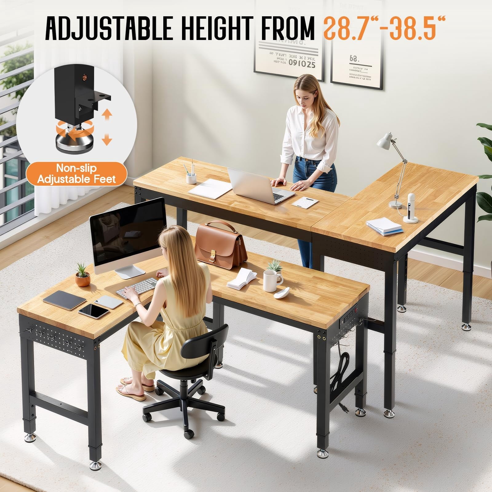 LUXOAK 68x48 L-Shaped Workbench with Power Strip, Adjustable Height Heavy Duty Work Table with Pegboard, 6000Lbs Load Capacity, for Garage