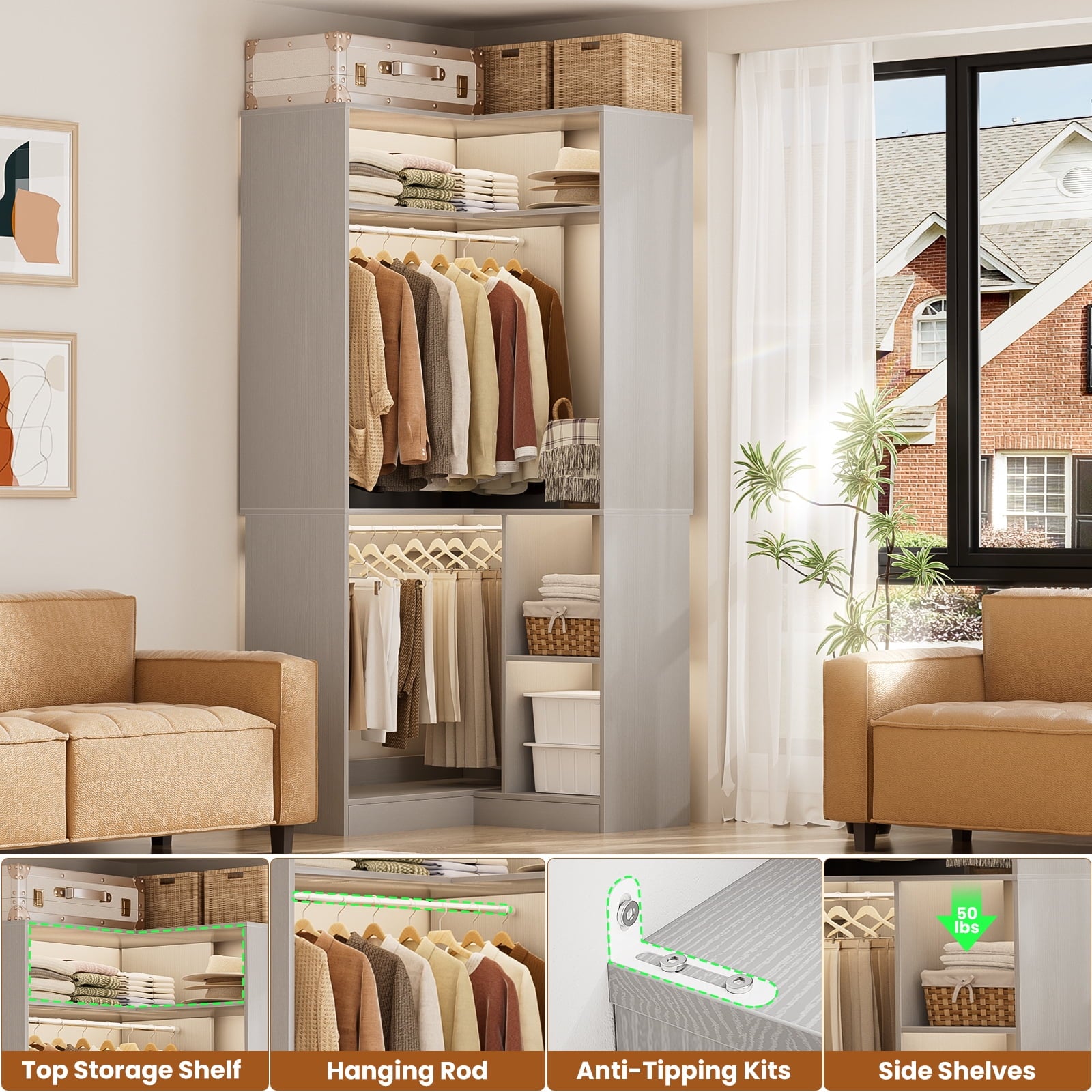 Homieasy 34 W Corner Closet System with Hanging Rods, White