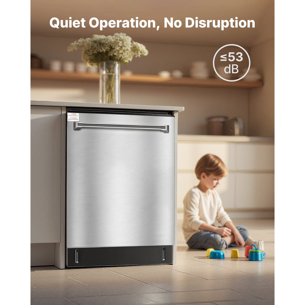 KFFKFF 24-Inch Built-In Dishwasher with Stainless Steel Interior, 14 Place Settings, 8 Wash Cycles, Quiet Operation, Adjustable Racks, and Zoned Storage, Dimensions: 23.82 x 25.2 x 33.78 Inches