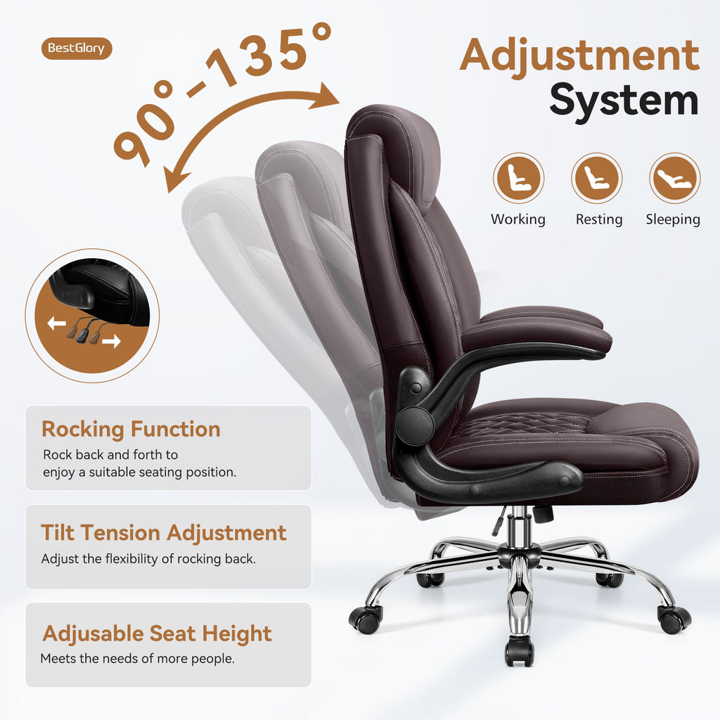 FASTES Ergonomic Office Chair, Big and Tall Leather Desk Chair with Footrest and Lumbar Support, 2-Position Reclining Executive Computer Chair, Black
