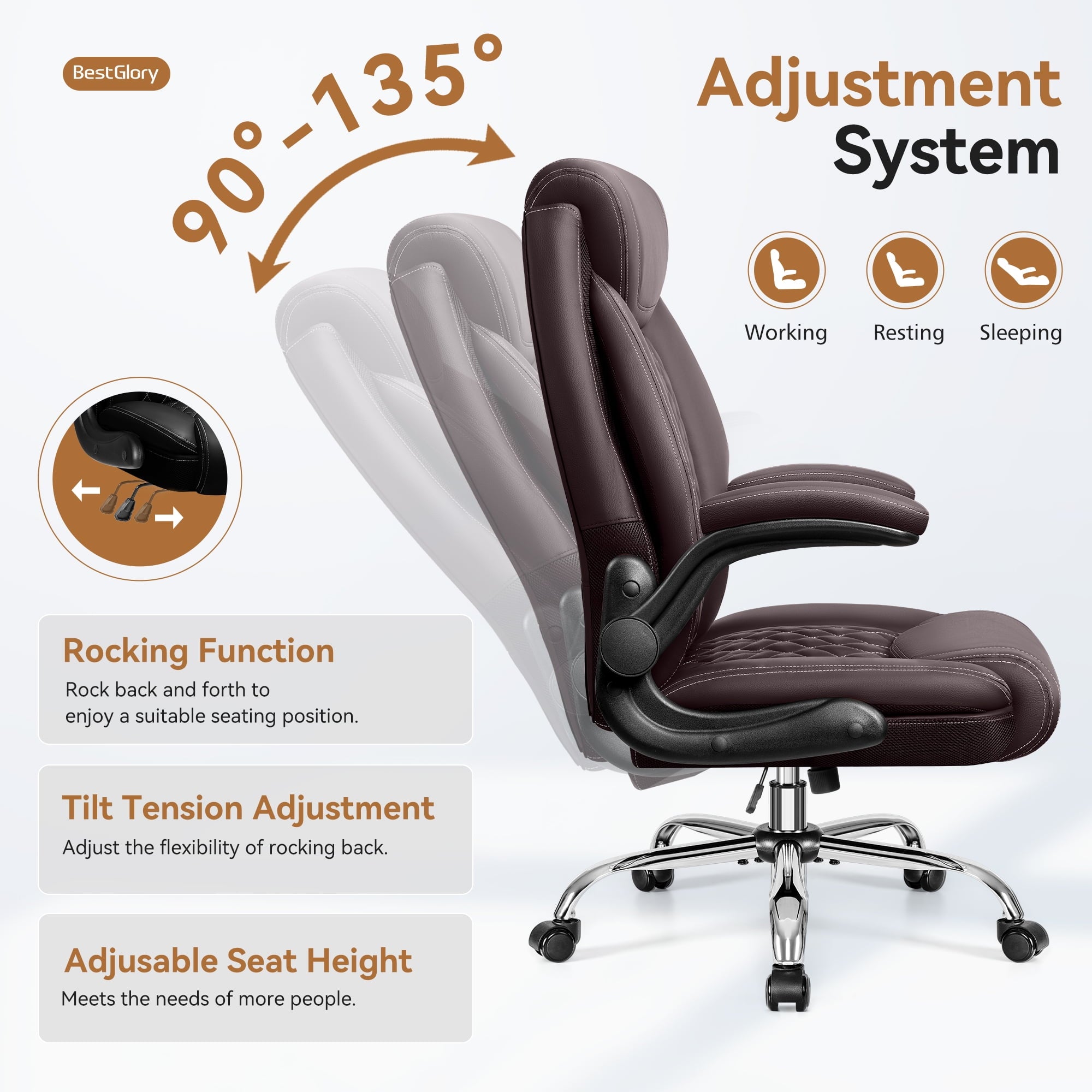 FASTES Ergonomic Office Chair, Big and Tall Leather Desk Chair with Footrest and Lumbar Support, 2-Position Reclining Executive Computer Chair, Black