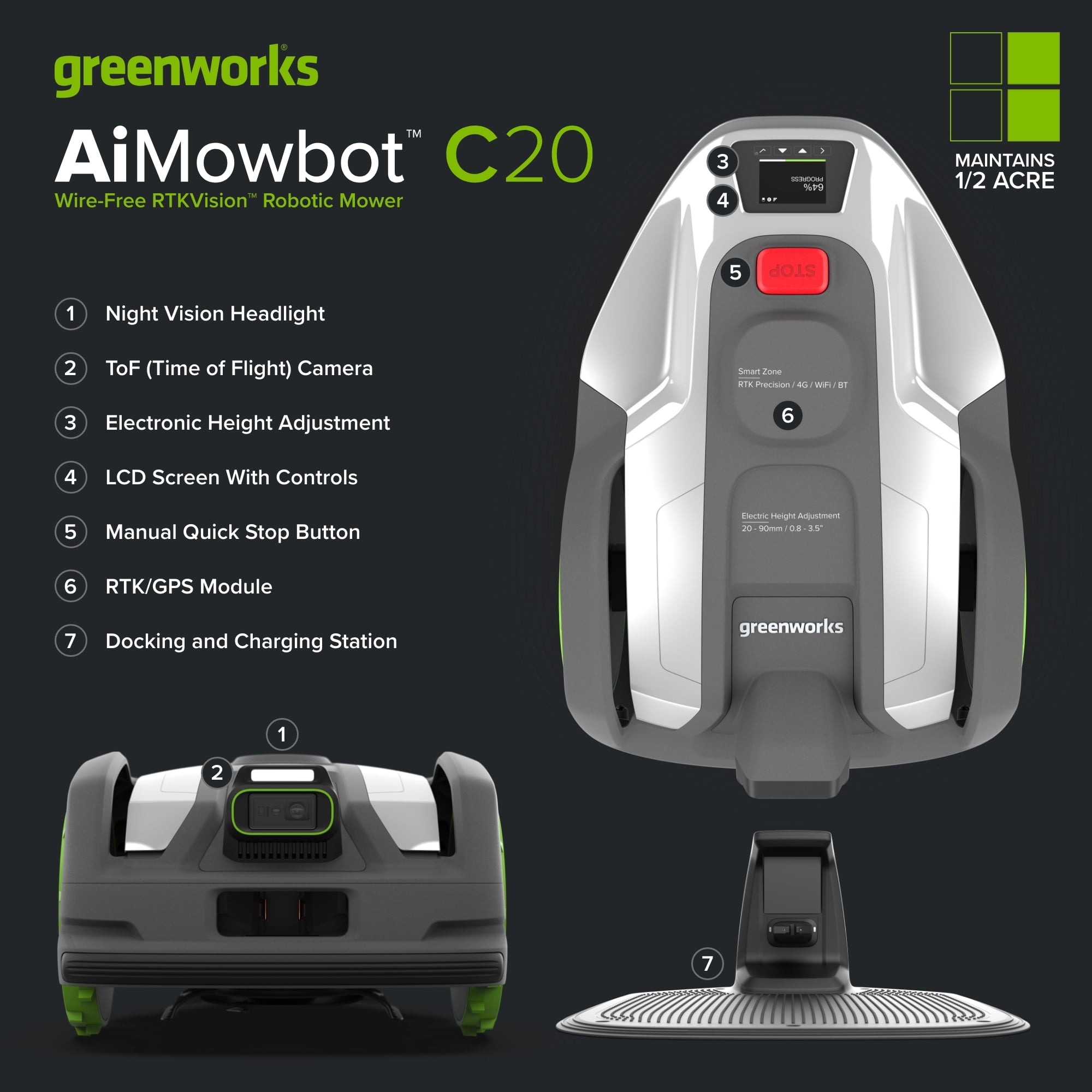 Greenworks AiMowbot Wire-Free RTKVision Robotic Mower C20