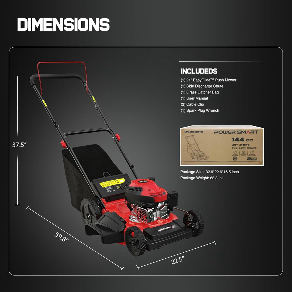 PowerSmart 21 144cc Gas Push Lawn Mower , with 6-Position Height Adjustment