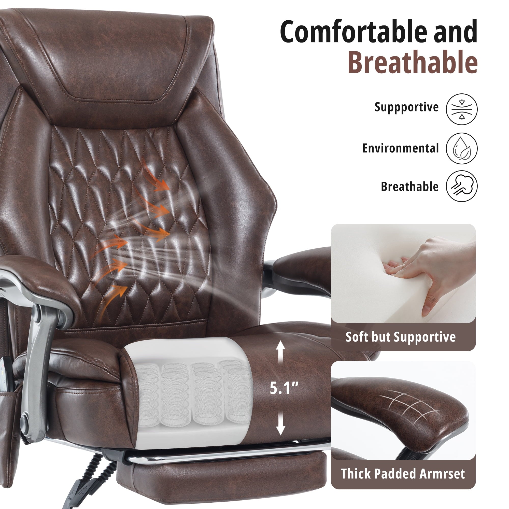 Heated Massage Office Chair with 6 Points Vibration, Reclining Ergonomic Desk Chair with Footrest for Extra Comfort, PU Leather High Back Executive Computer Chair, Thick Padded Massage Chair