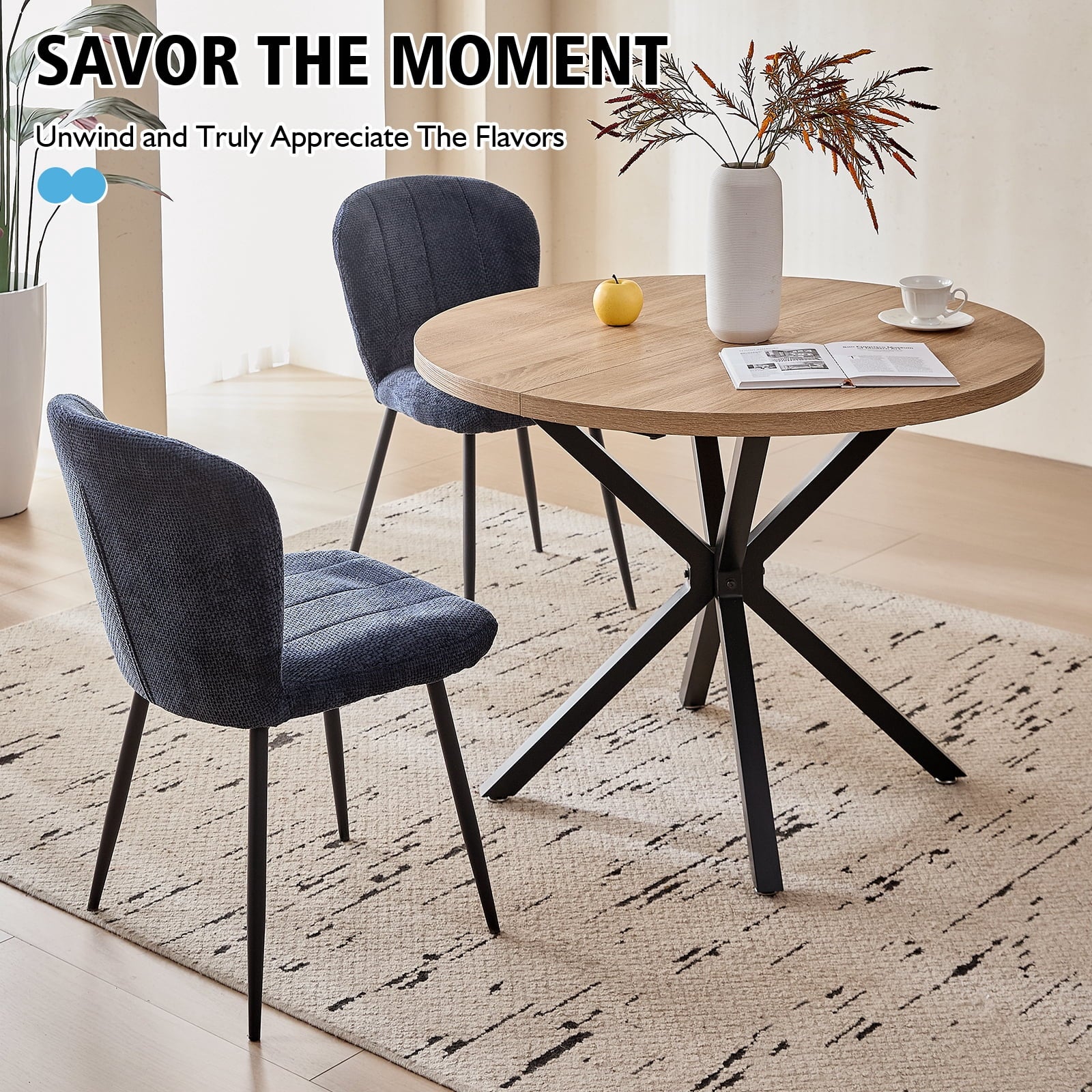 5 Piece 39 Round Dining Table Set for 4, Mid Century Kitchen Table with 4 Khaki Fabric Upholstered Dining Chairs for Apartment Living Room, Space Saving Table.