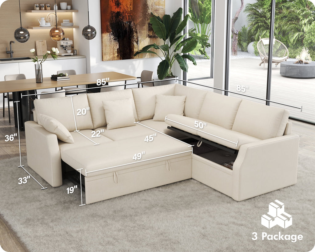VanAcc 85 Sleeper Sofa Bed, Reversible L-Shape Sectional with Storage