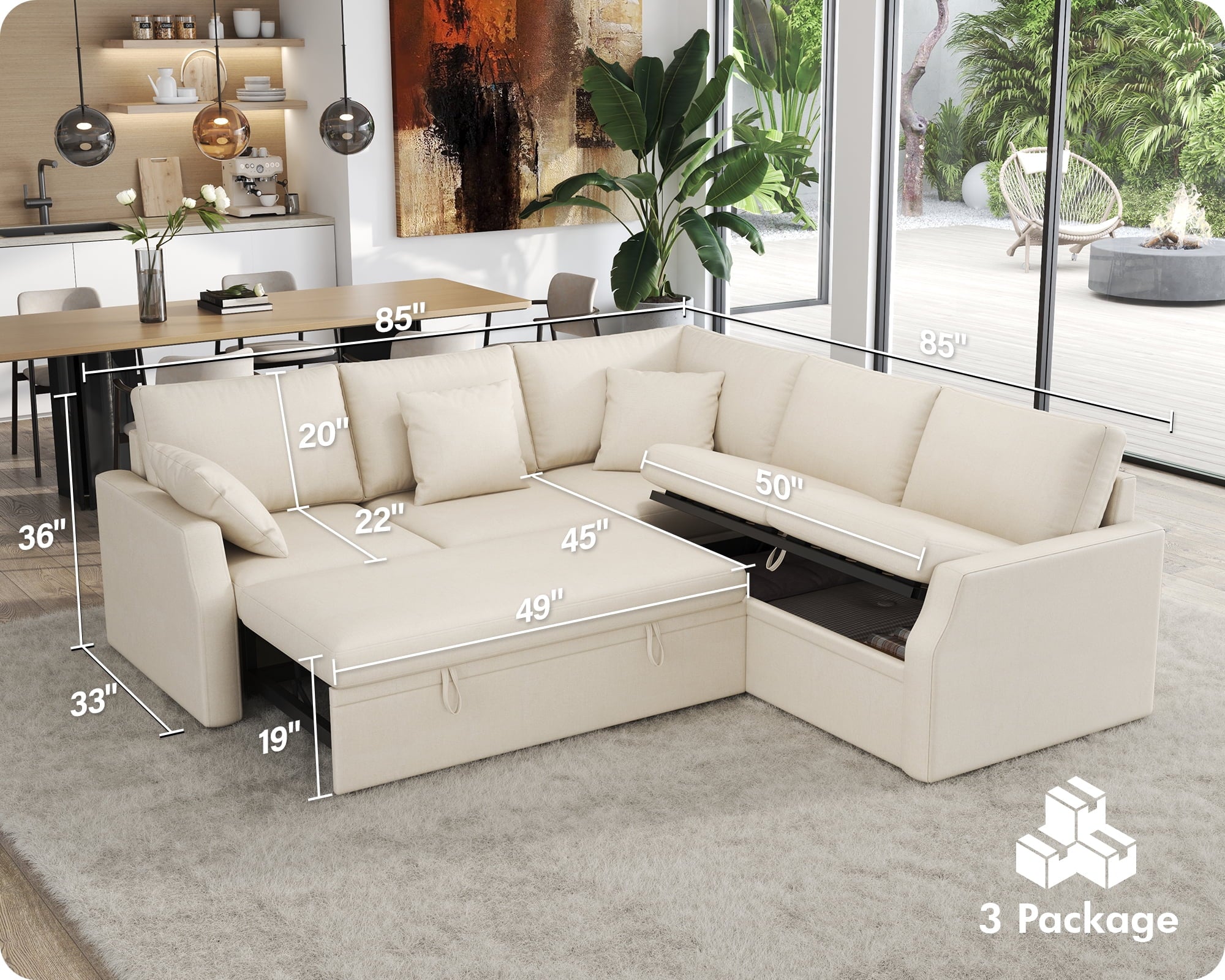 VanAcc 85 Sleeper Sofa Bed, Reversible L-Shape Sectional with Storage