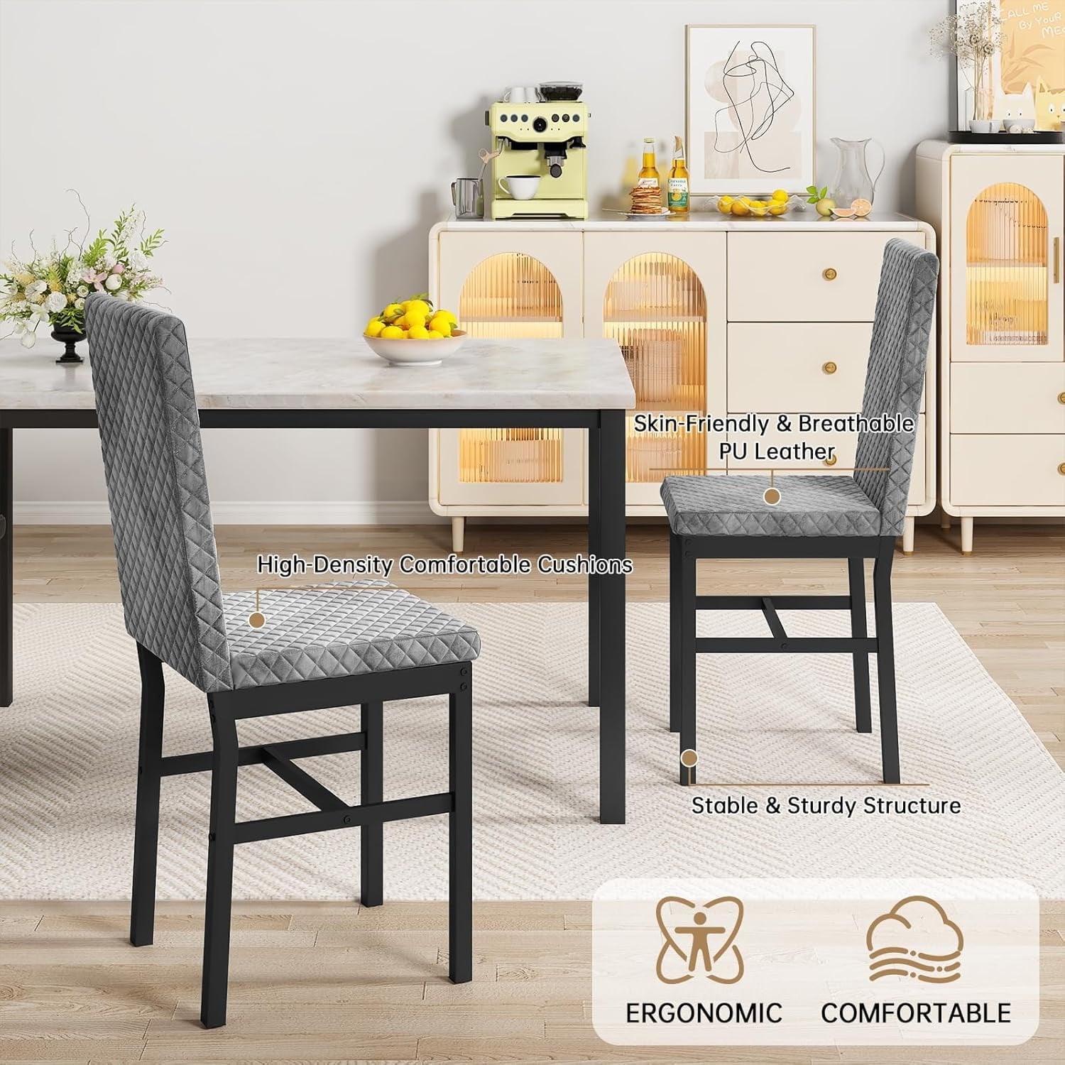Baxluxe Dining Table Set for 4, Modern 5 Piece Dining Table Set, Faux Marble Kitchen Table and 4 Velvet Upholstered Chairs for Apartments, Dining Rooms, Small Spaces, Gray