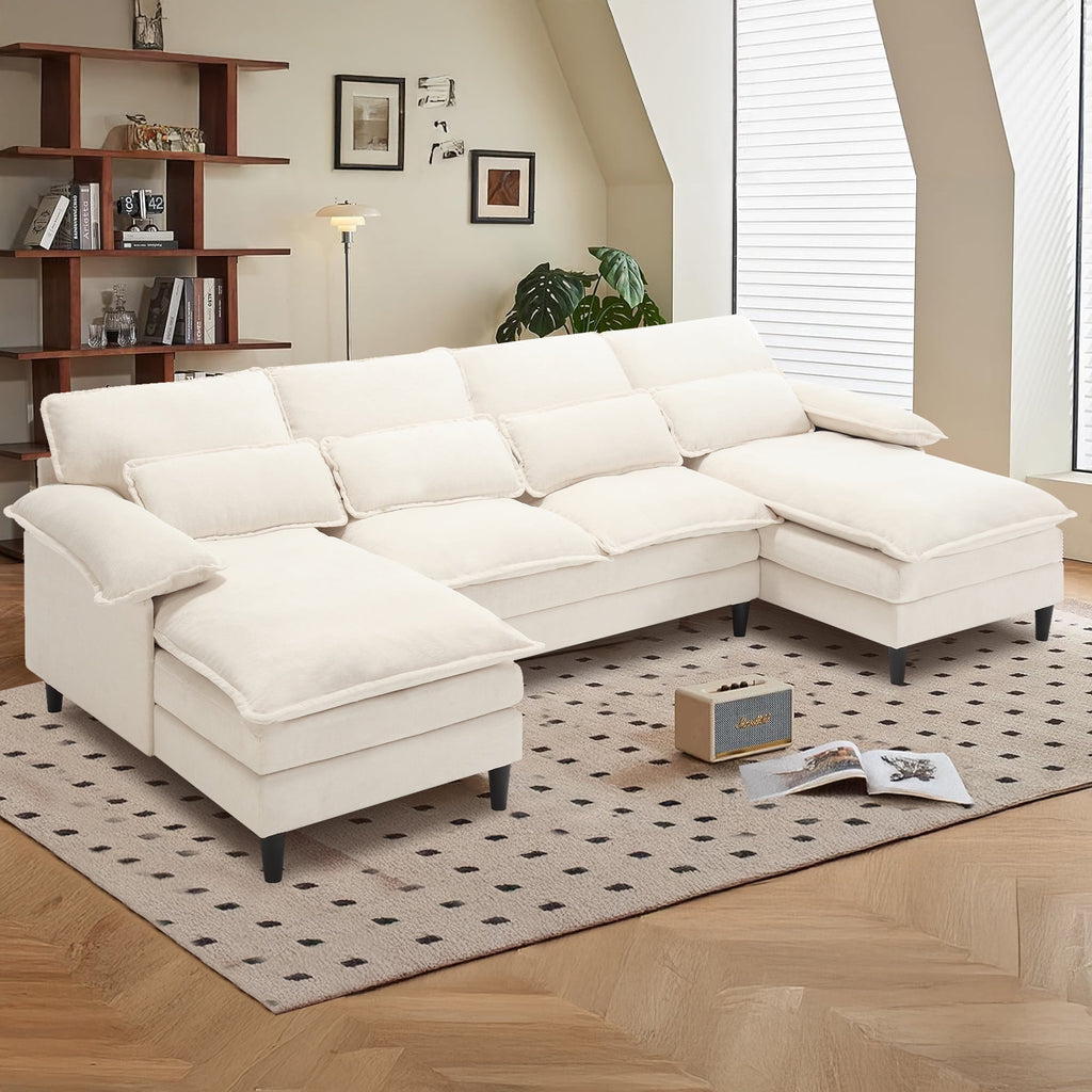 JONPONY109.45 U Shaped Couch,Oversized 4 Seat Sectional with 4 Waist Pillows, Convertible Upholstery Symmetrical Sofá,Sleeper Sofa Couch with Double Chaise Lounge &Memory Foam for Living Room, Beige