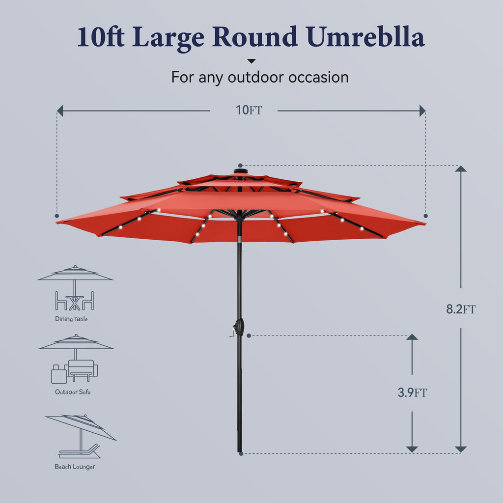 Summit Living 10ft Patio Umbrella with Solar Lights 3-Tier Vented Outdoor Market Umbrella with Auto-Tilt – Beige