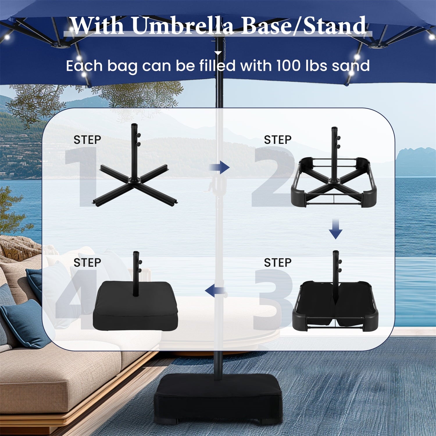 SUMMIT LIVING 15 FT Double-Sided Solar Patio Umbrella with Base Large Outdoor Umbrella with LED Solar Lights - Haze Blue