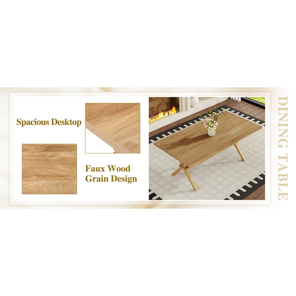 Modern 71 Wood Dining Table, Light Wood Grain MDF Top with X-Shaped Metal Legs, Seats 6-8 People, for Kitchen & Dining Room