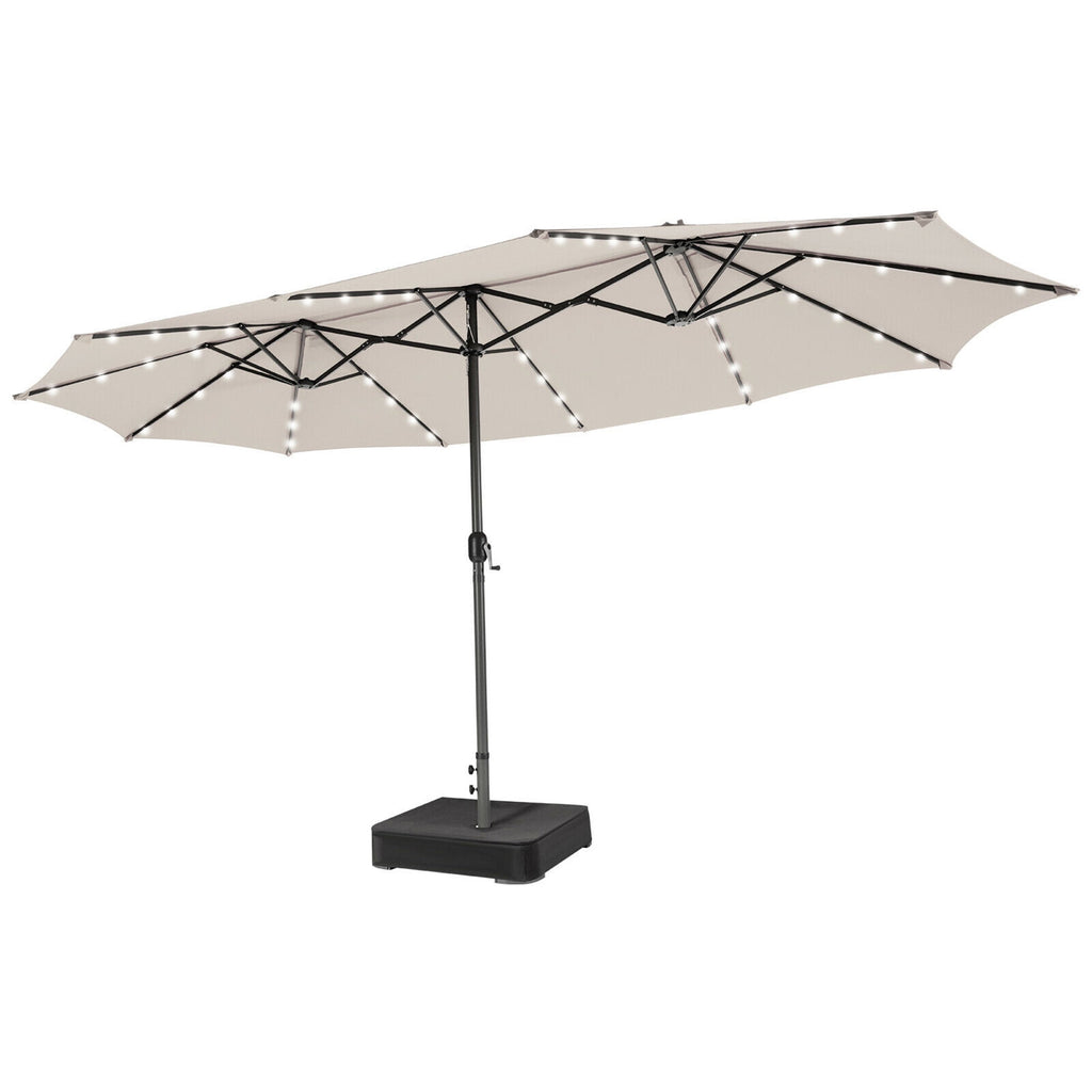 Gymax Outdoor 15' Double-Sided Patio Umbrella 48 Solar LED Lights Crank & Base Coffee