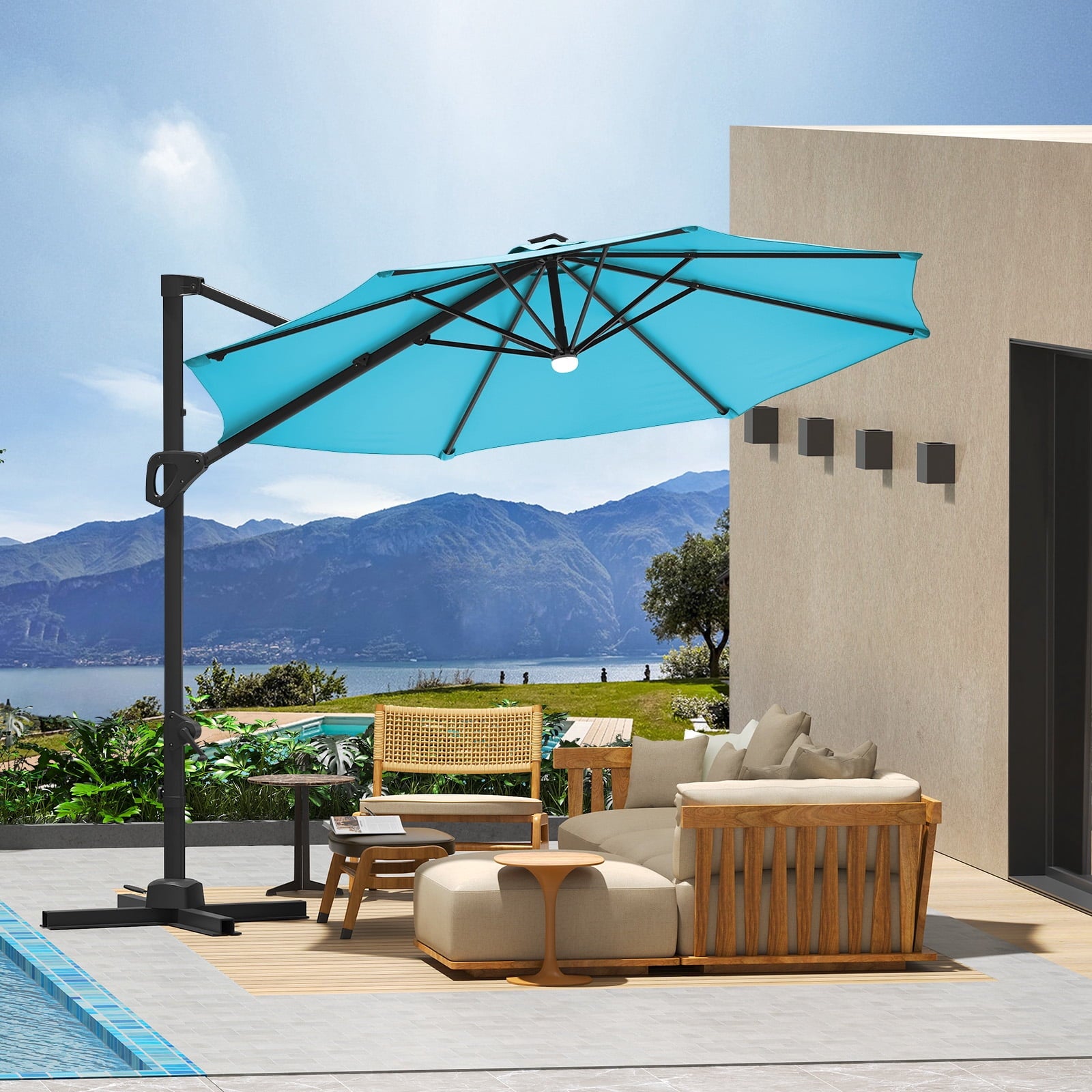 360° Rotating Cantilever Patio Umbrella – Heavy-Duty Waterproof Oxford Canopy, Adjustable Tilt, Rust-Proof Aluminum Frame, Easy Crank, Cross Base – Large Sun Shade for Garden, Poolside, Patio – Grey