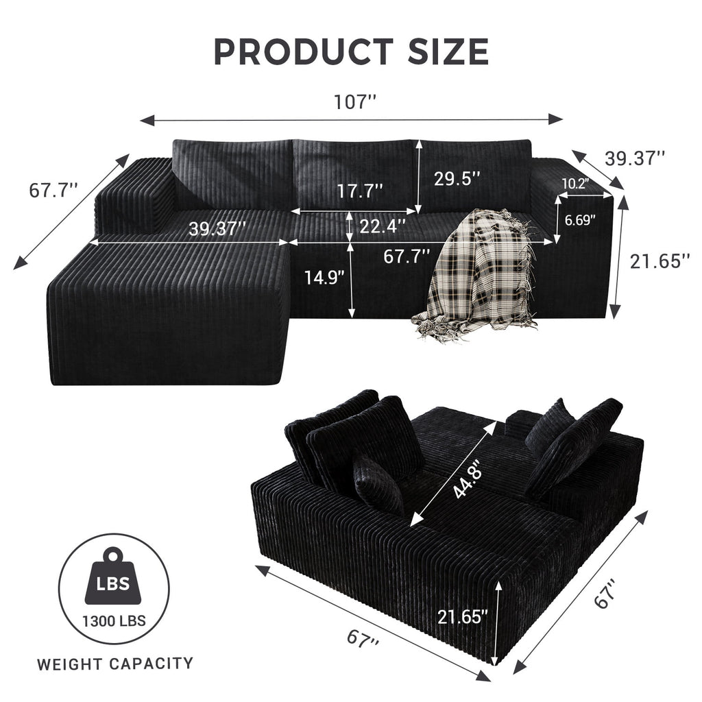 YVDNHP Modular Cloud Sofa - No Assembly Required, 107.8 Oversized L-Shaped Sectional with Chaise, Flannel Fabric Deep Seating Couch for Living Room