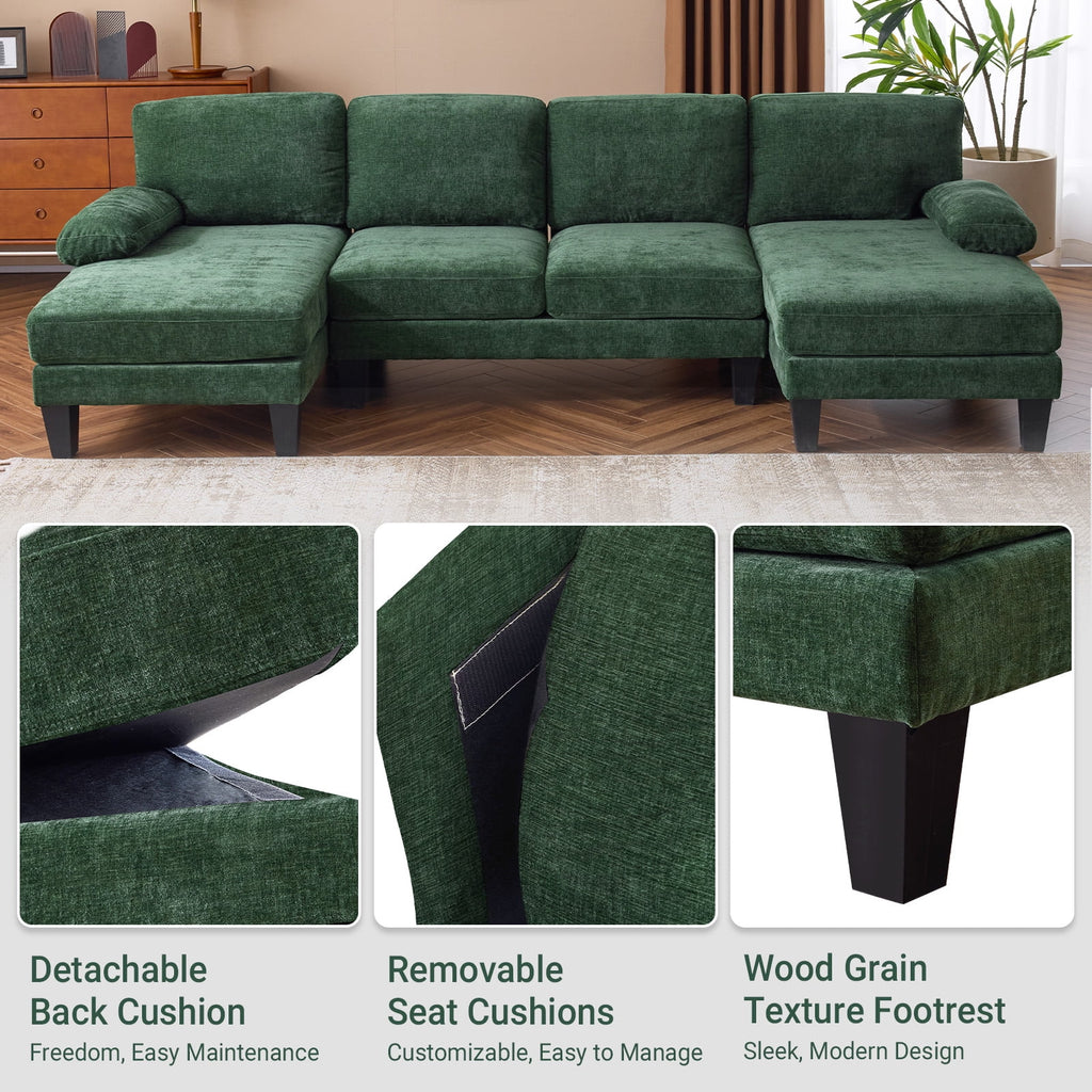 Ktaxon U-Shaped Sectional Sofa, 111  Chenille Couch, 4 Seat Lounge Sleeper with Double Chaise for Living Room Black