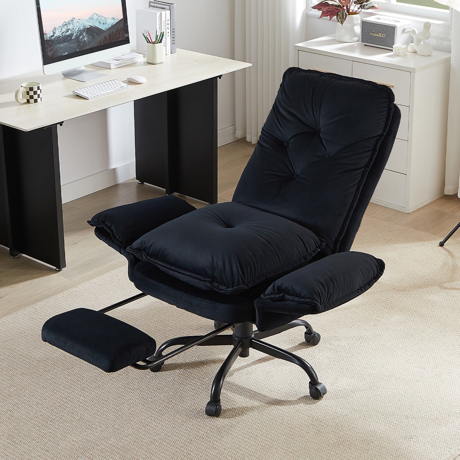 Bestier Big and Tall Executive Office Chair with Flip-up Arms for Adult, Wide Seat Ergonomic Computer Desk Chair,High Back Velvet Comfy Cross-Legged Office Chair with Footrest and Side Pockets, Black