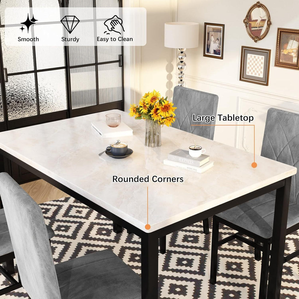 MOOSENG Dining Table Set for 4, Faux Marble Kitchen Table and Chairs Set of 4, 5-Piece Dining Room Set with PU Leather Upholstered Chairs for Small Space, Gray