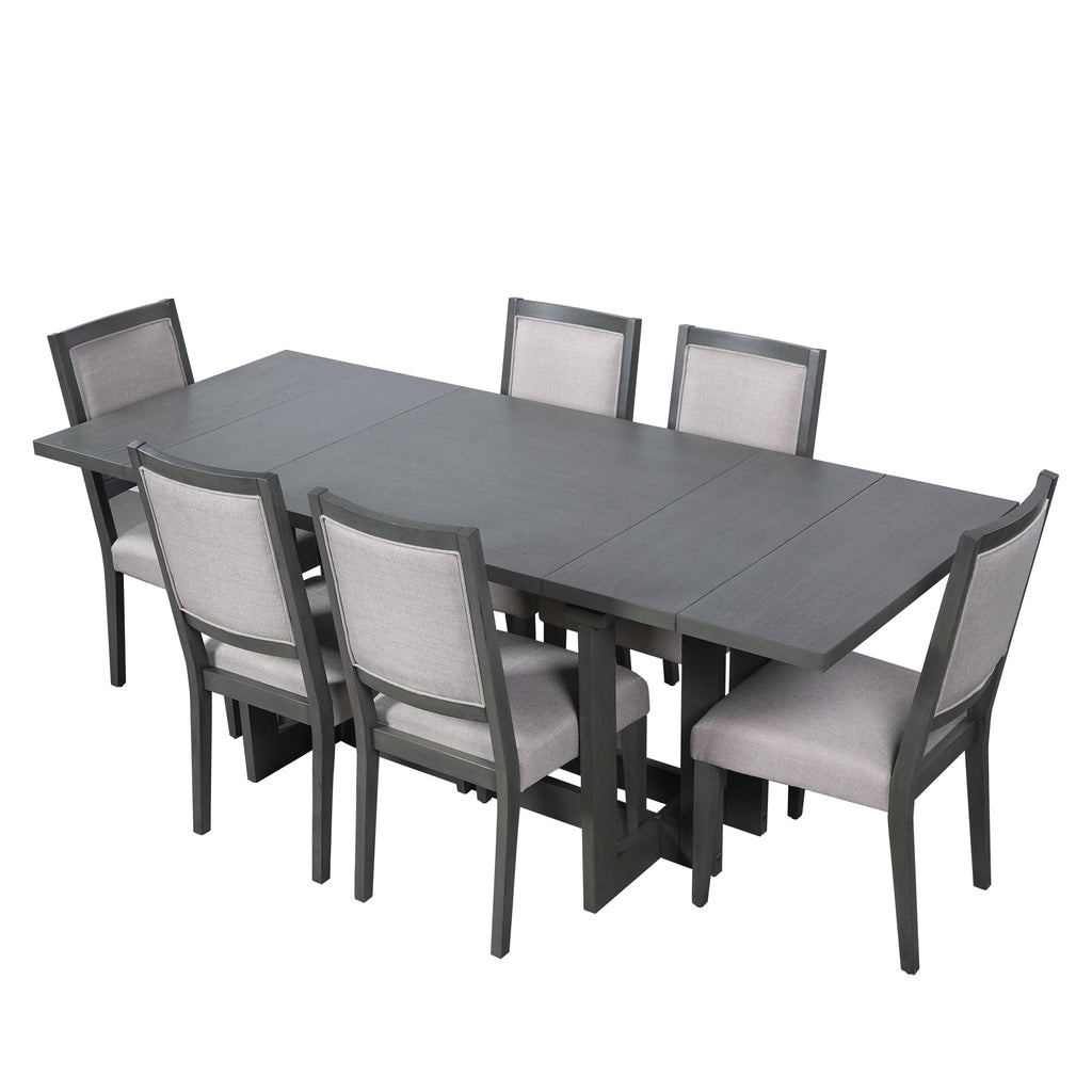 Harper & Bright Designs 7 Pieces Retro Dining Set for 6, Wood Rectangular Table with Designed Trestle Base and 6 Upholstered Chairs for Dining Room and Kitchen, Grey