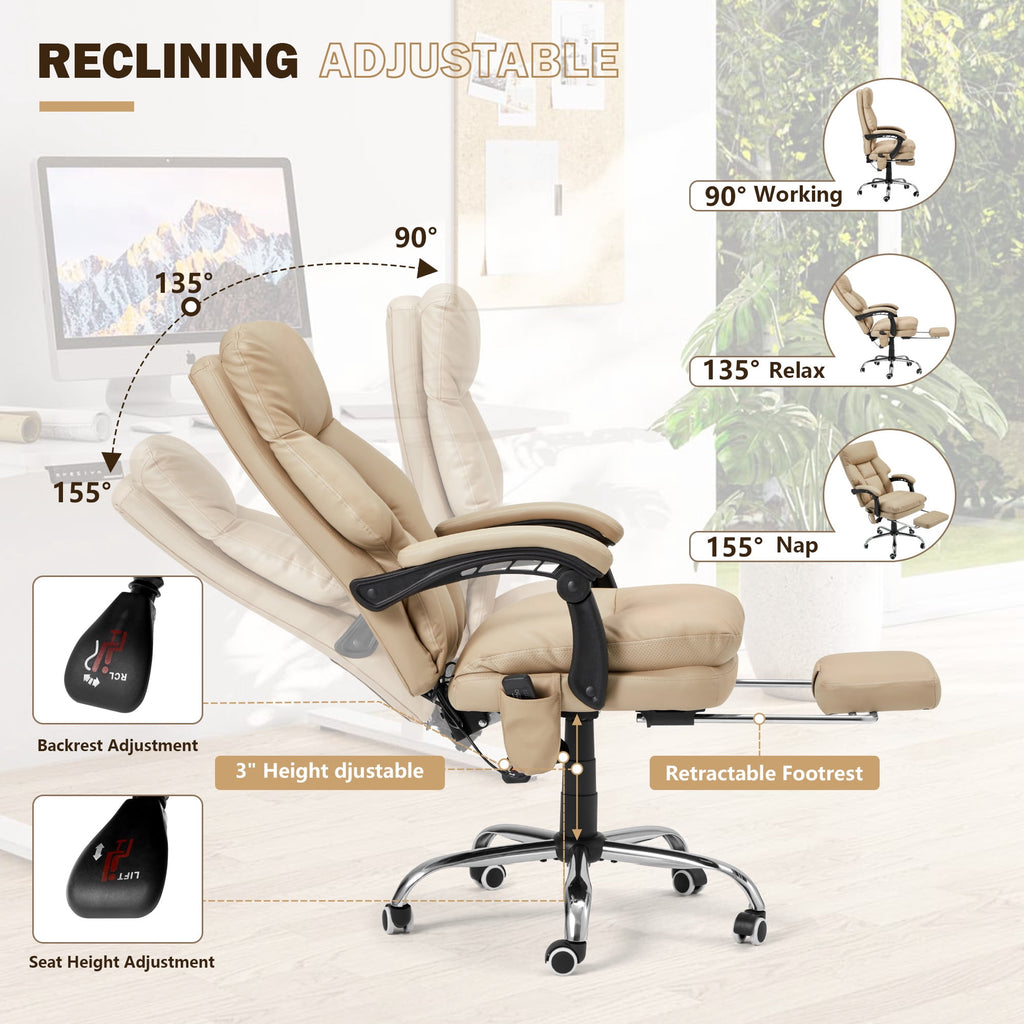 HOMREST Ergonomic Office Chair with 6-Point Massage & Heating, Adjustable Executive Desk Chair with Retractable Footrest, PU Leather Home Office Desk Chair for Home & Office (Black)