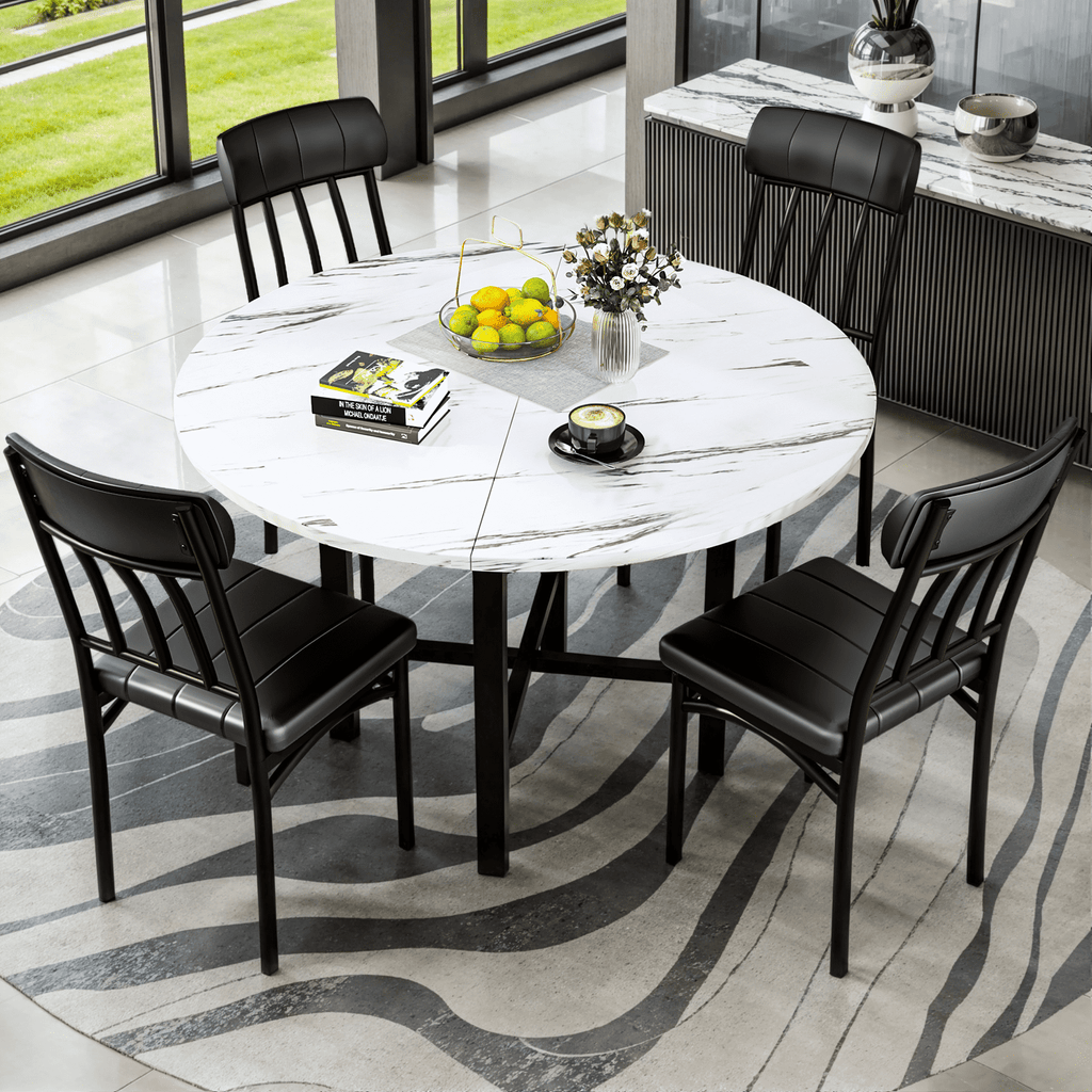 Lamerge Round Dining Table Set for 4,Wood Round Kitchen Table and Chairs Set for 4,Modern Dining Room Table Set with 4 Faux Leather Chairs,Round Dinner Table for Small Space,Brown